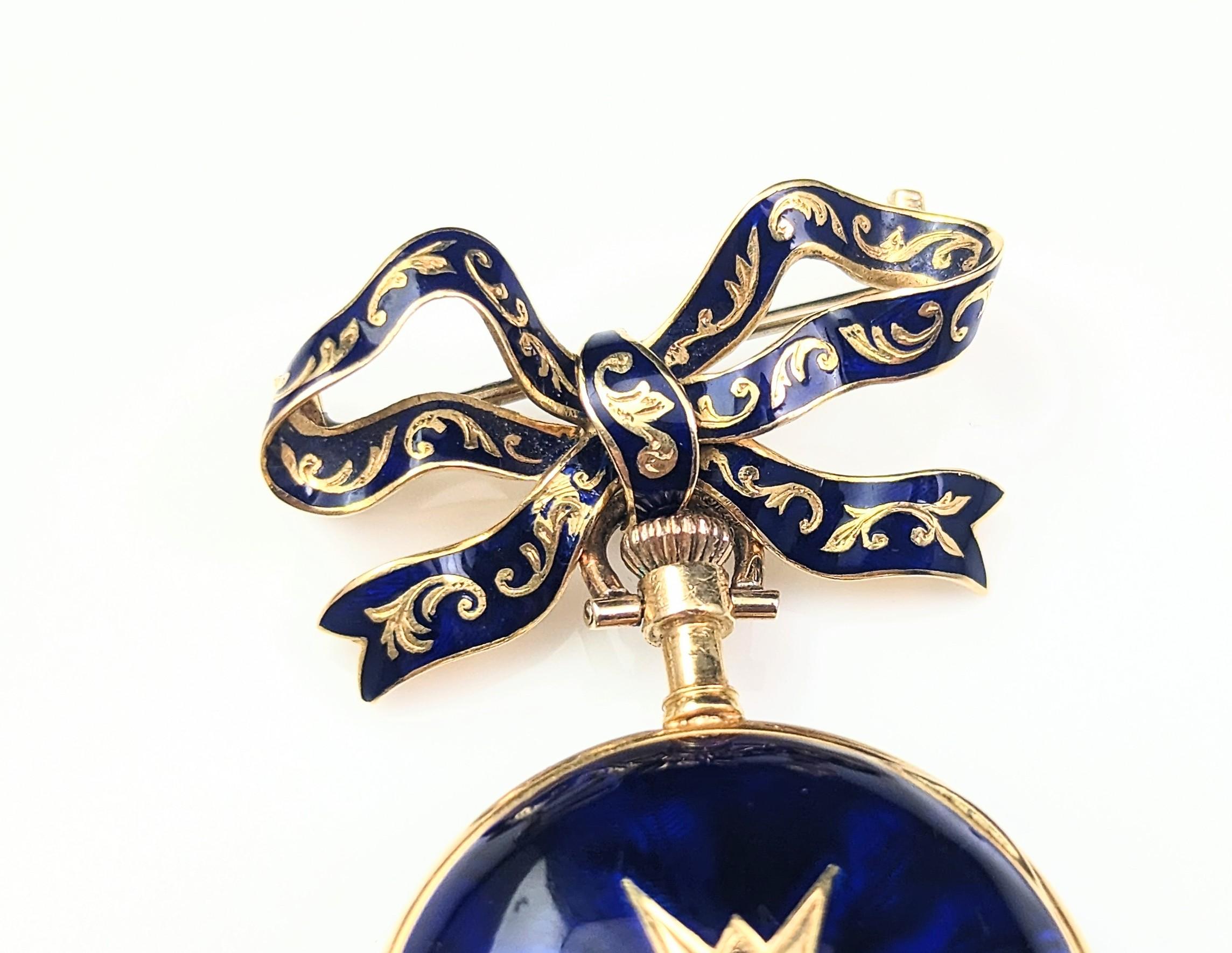 Antique Diamond Star Fob Watch, 18k Gold, Blue Enamel, Bow Brooch 9