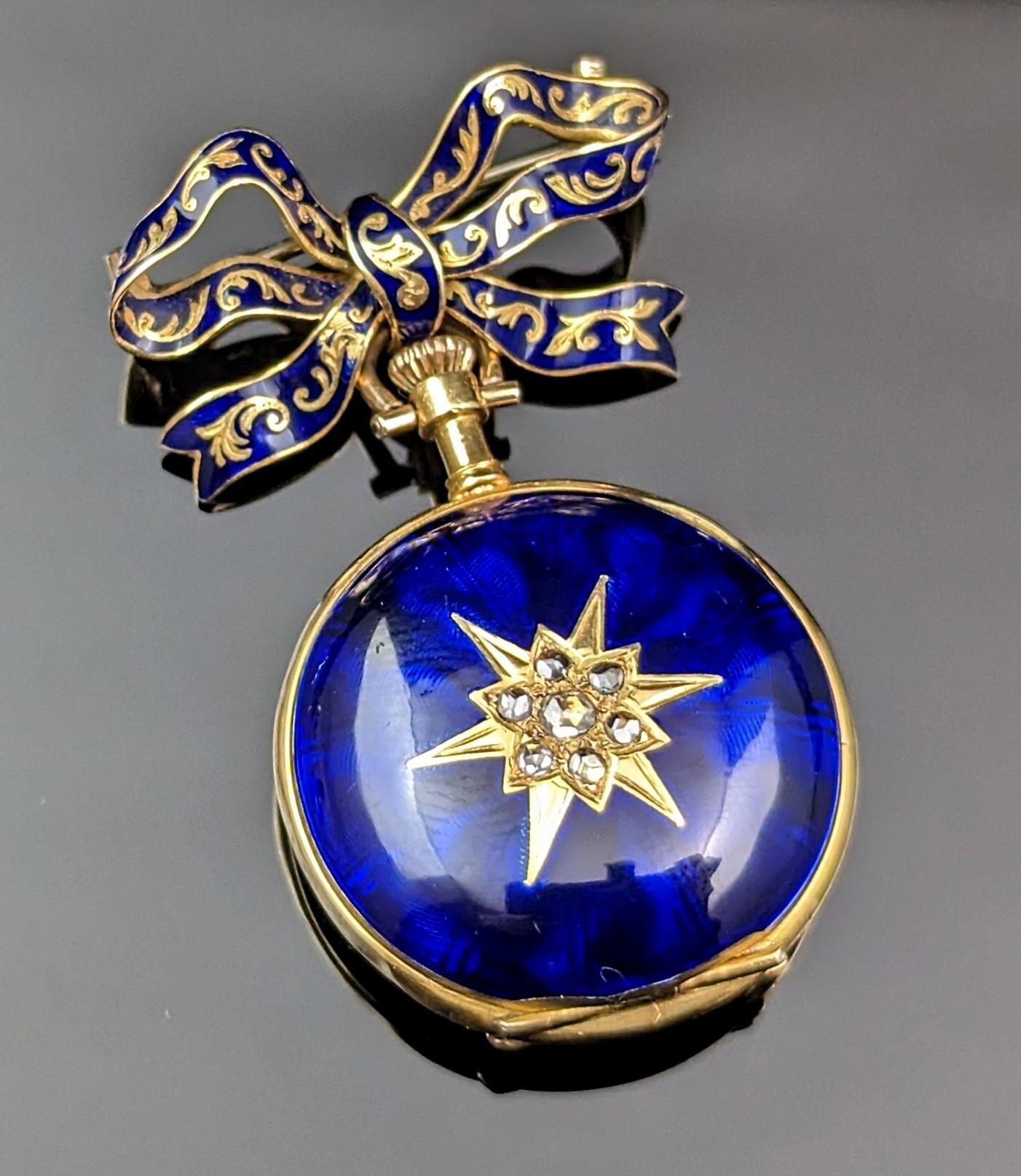 You can't help but be captivated by this truly spectacular antique Art Nouveau era, 18kt gold, Blue enamel and Rose cut diamond fob watch.

A rich 18kt yellow gold case with deep cobalt blue Guilloche enamelling to the verso, encompassing a deeply