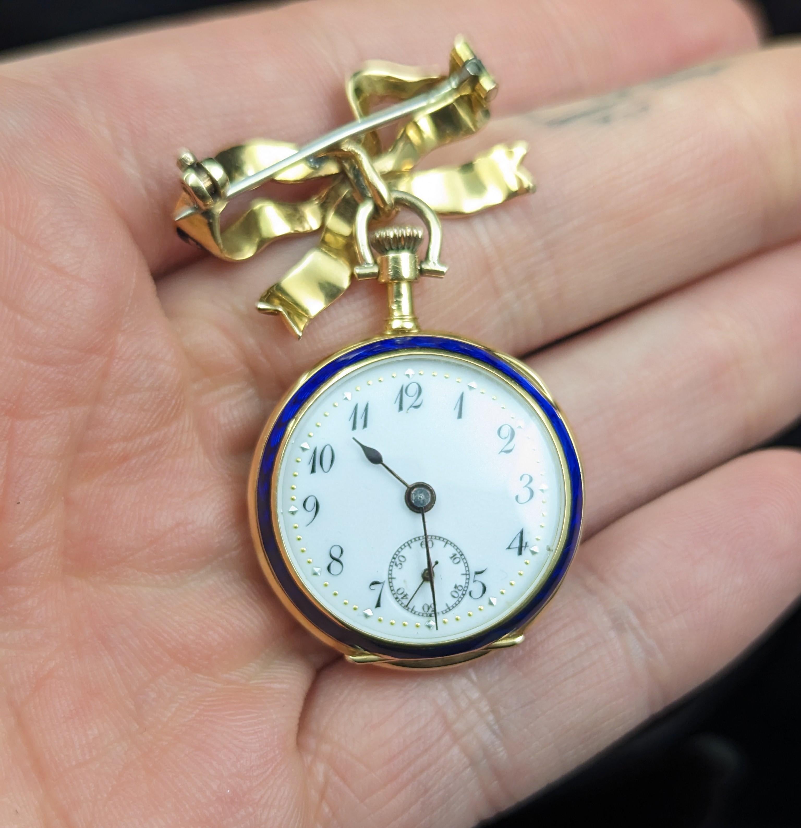 Art Nouveau Antique Diamond Star Fob Watch, 18k Gold, Blue Enamel, Bow Brooch