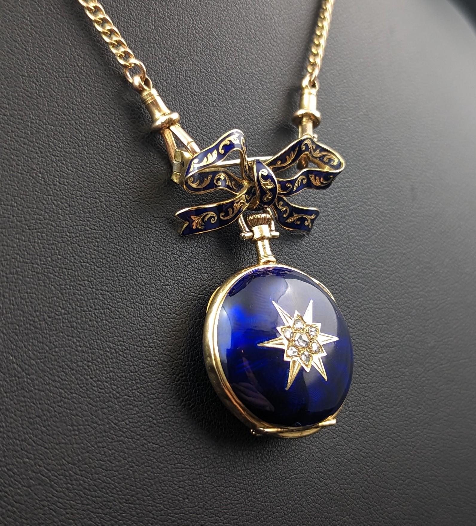 Antique Diamond Star Fob Watch, 18k Gold, Blue Enamel, Bow Brooch In Good Condition In NEWARK, GB