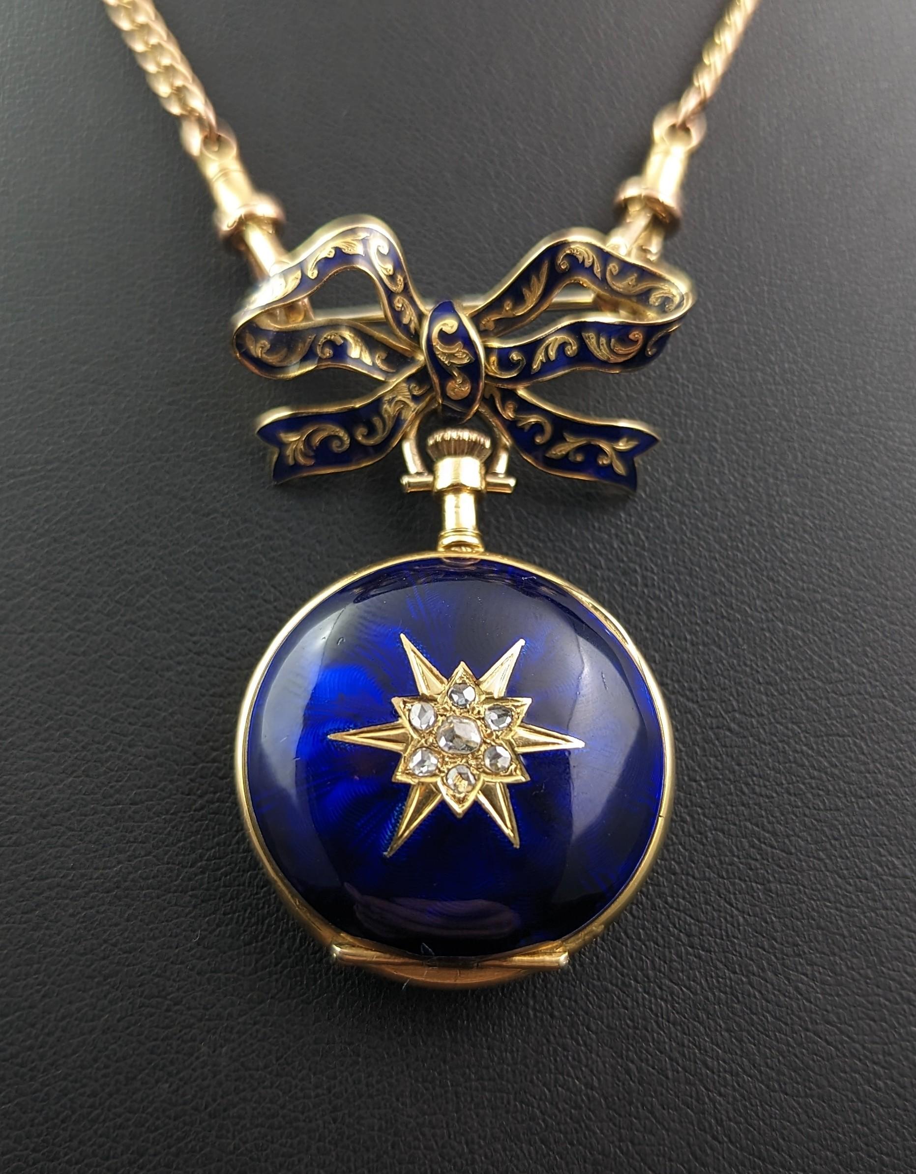 Women's Antique Diamond Star Fob Watch, 18k Gold, Blue Enamel, Bow Brooch