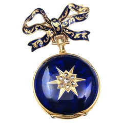 Antique Diamond Star Fob Watch, 18k Gold, Blue Enamel, Bow Brooch