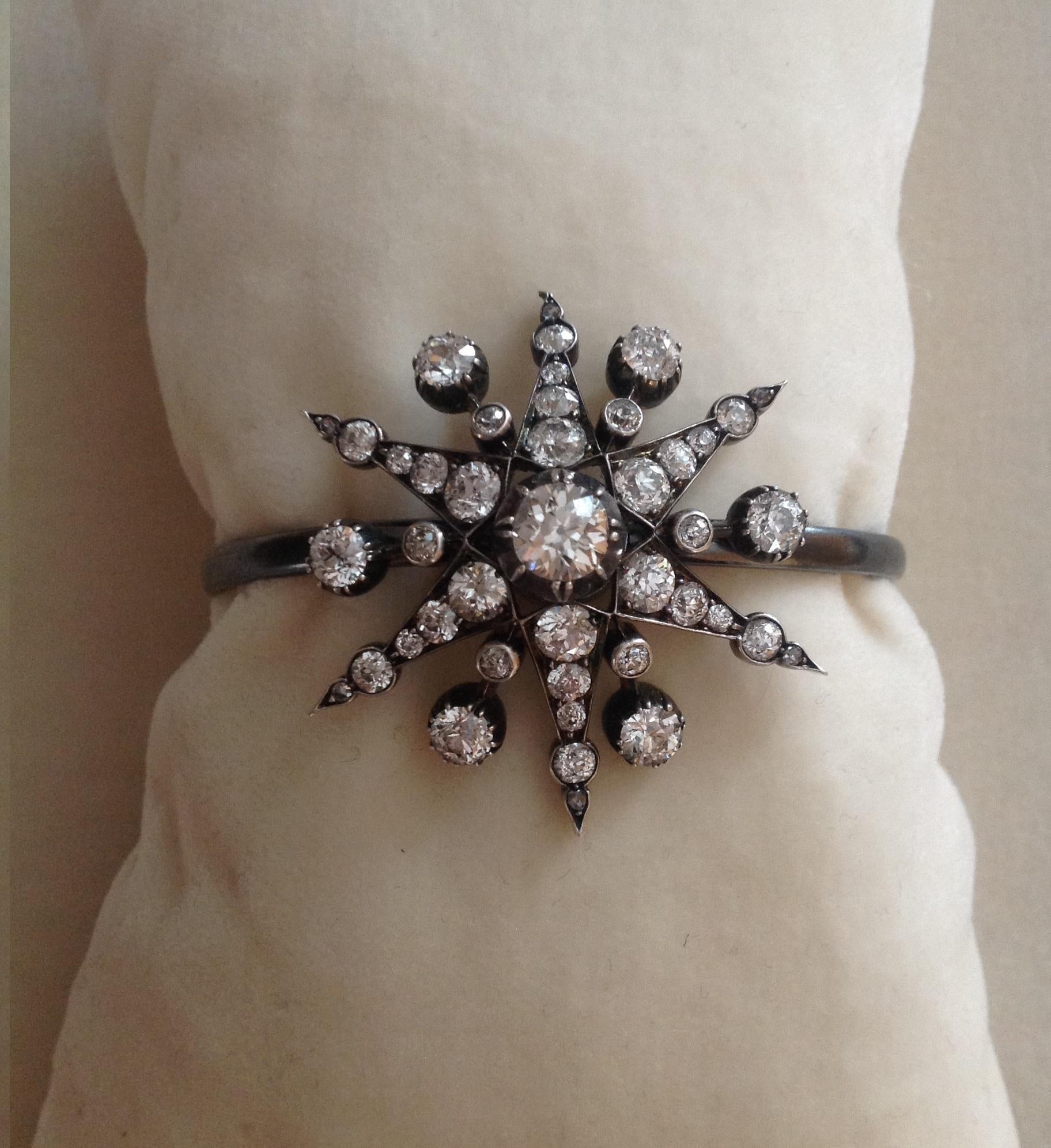 Women's or Men's Antique Old Cut Diamond Star Bangle Bracelet For Sale