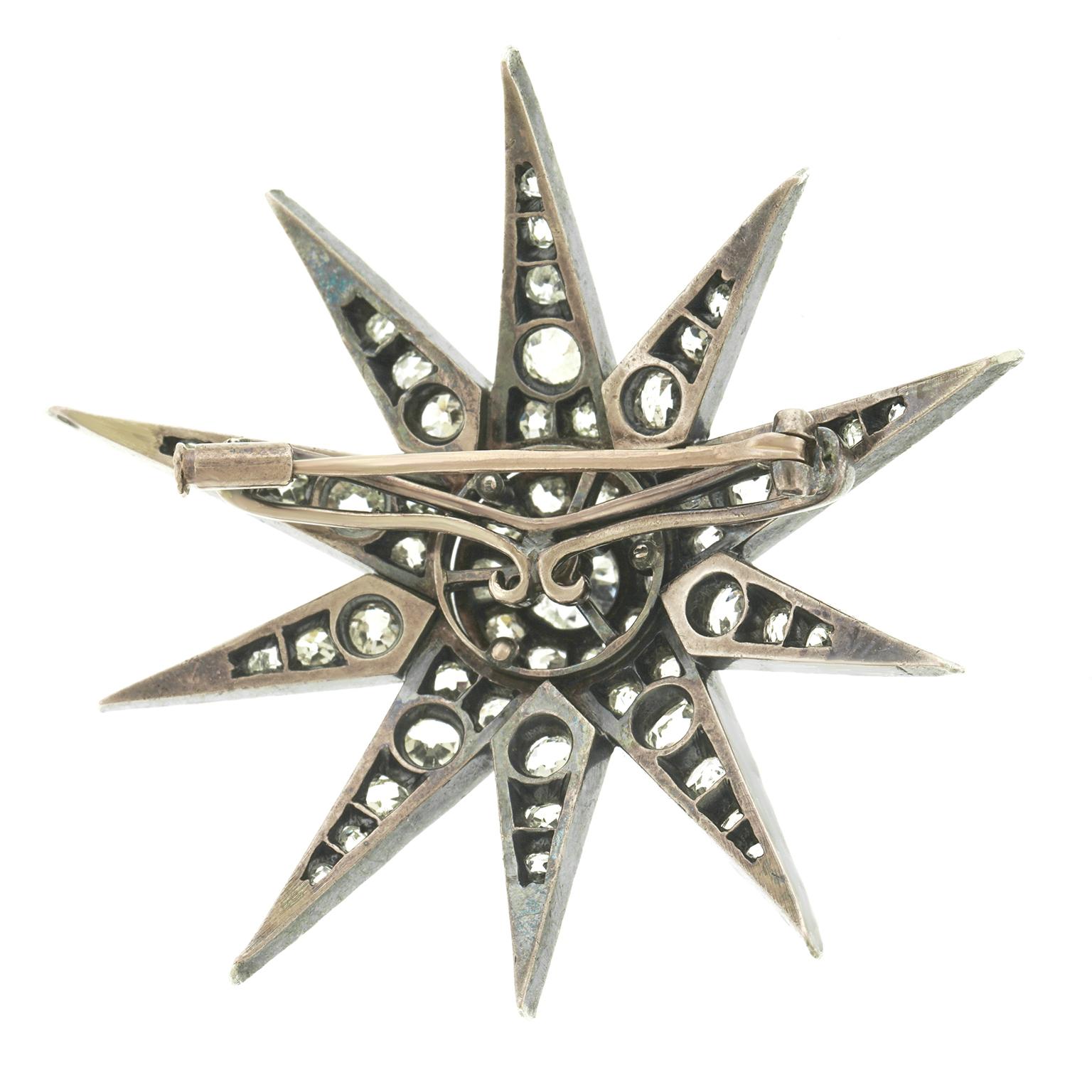 Antique Diamond Star on Star Silver over Gold Brooch 2