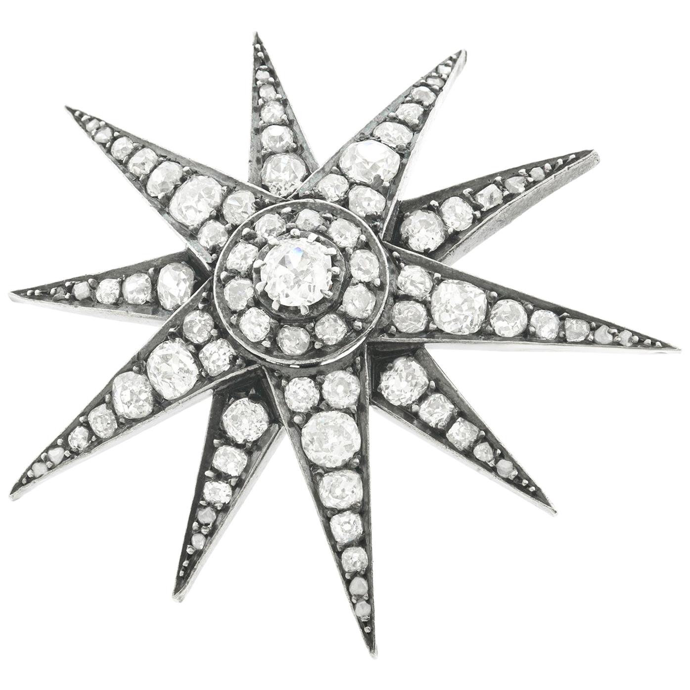 Antique Diamond Star on Star Silver over Gold Brooch
