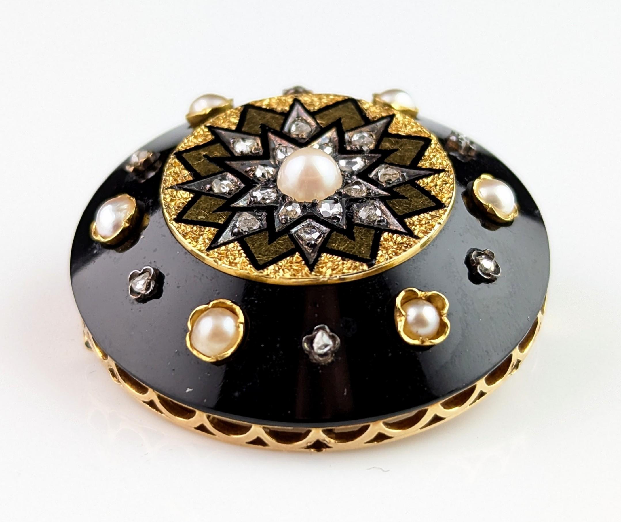 Antique Diamond Star pendant brooch, 15k gold, Onyx and black enamel 7