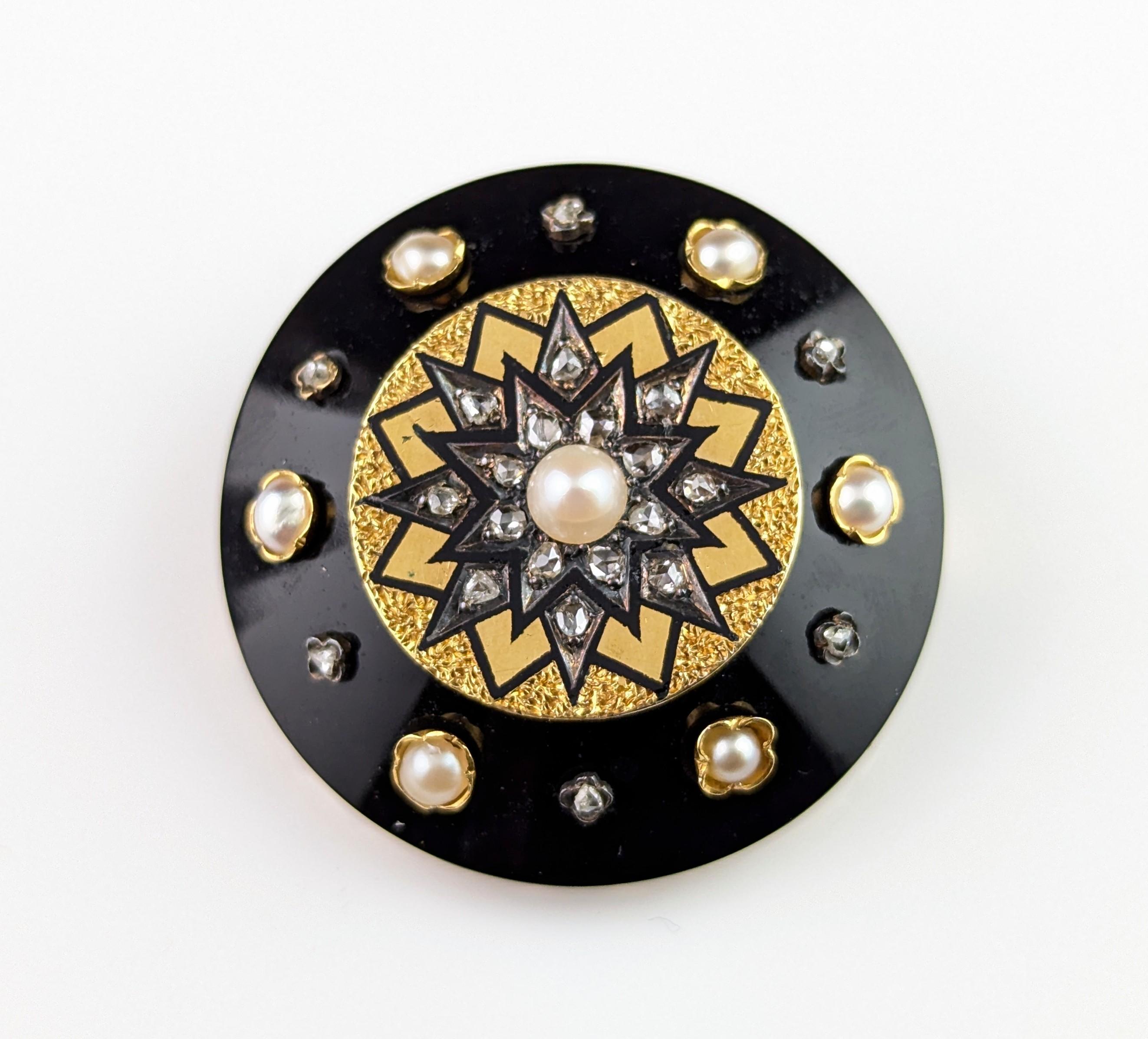 Antique Diamond Star pendant brooch, 15k gold, Onyx and black enamel 8