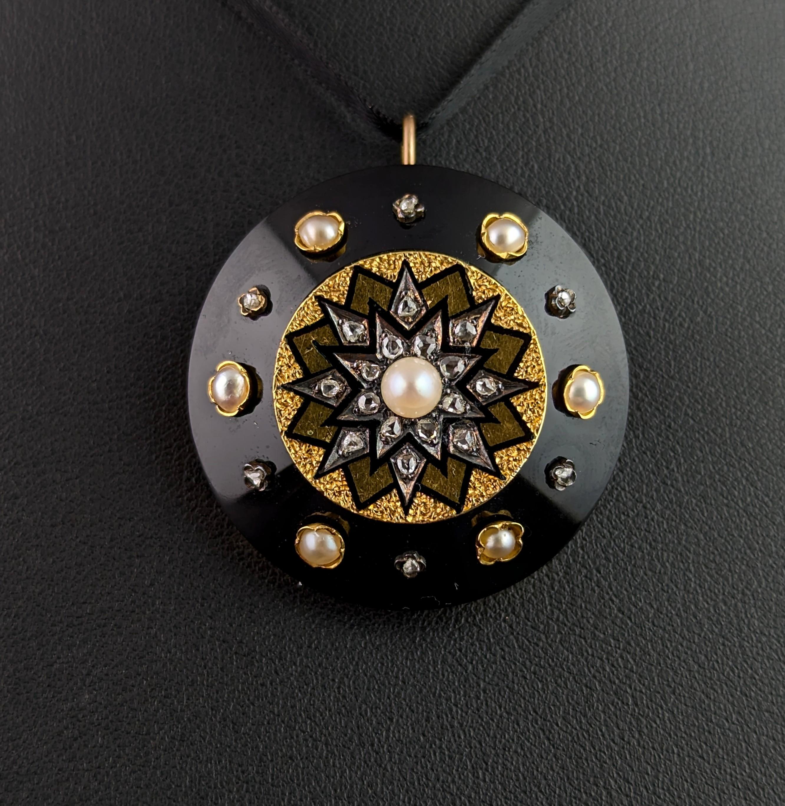 Antique Diamond Star pendant brooch, 15k gold, Onyx and black enamel 1
