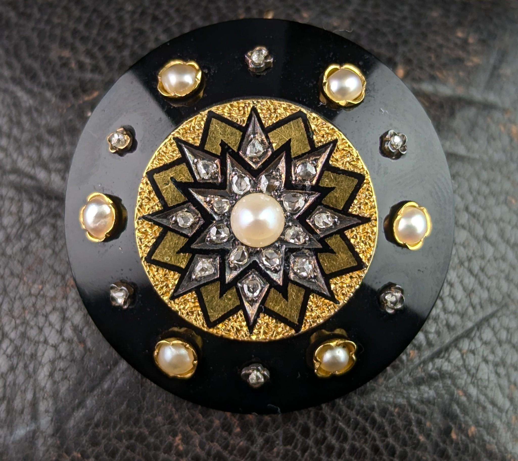 Antique Diamond Star pendant brooch, 15k gold, Onyx and black enamel 3