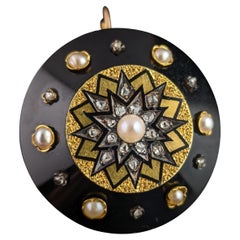 Antique Diamond Star pendant brooch, 15k gold, Onyx and black enamel