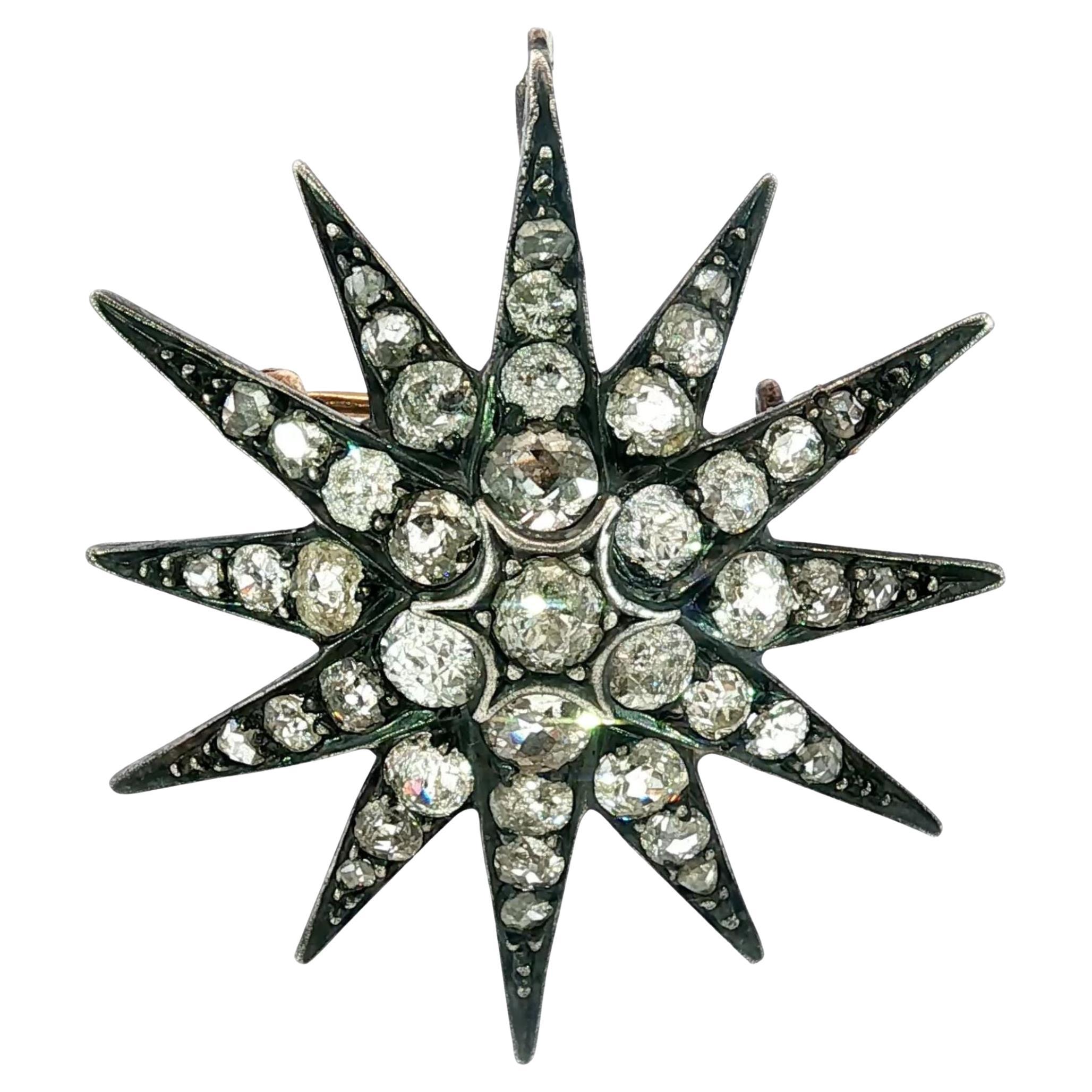 Broche pendentif étoile en diamant ancien A Silver ~4.87ctw Old Mine Cuts