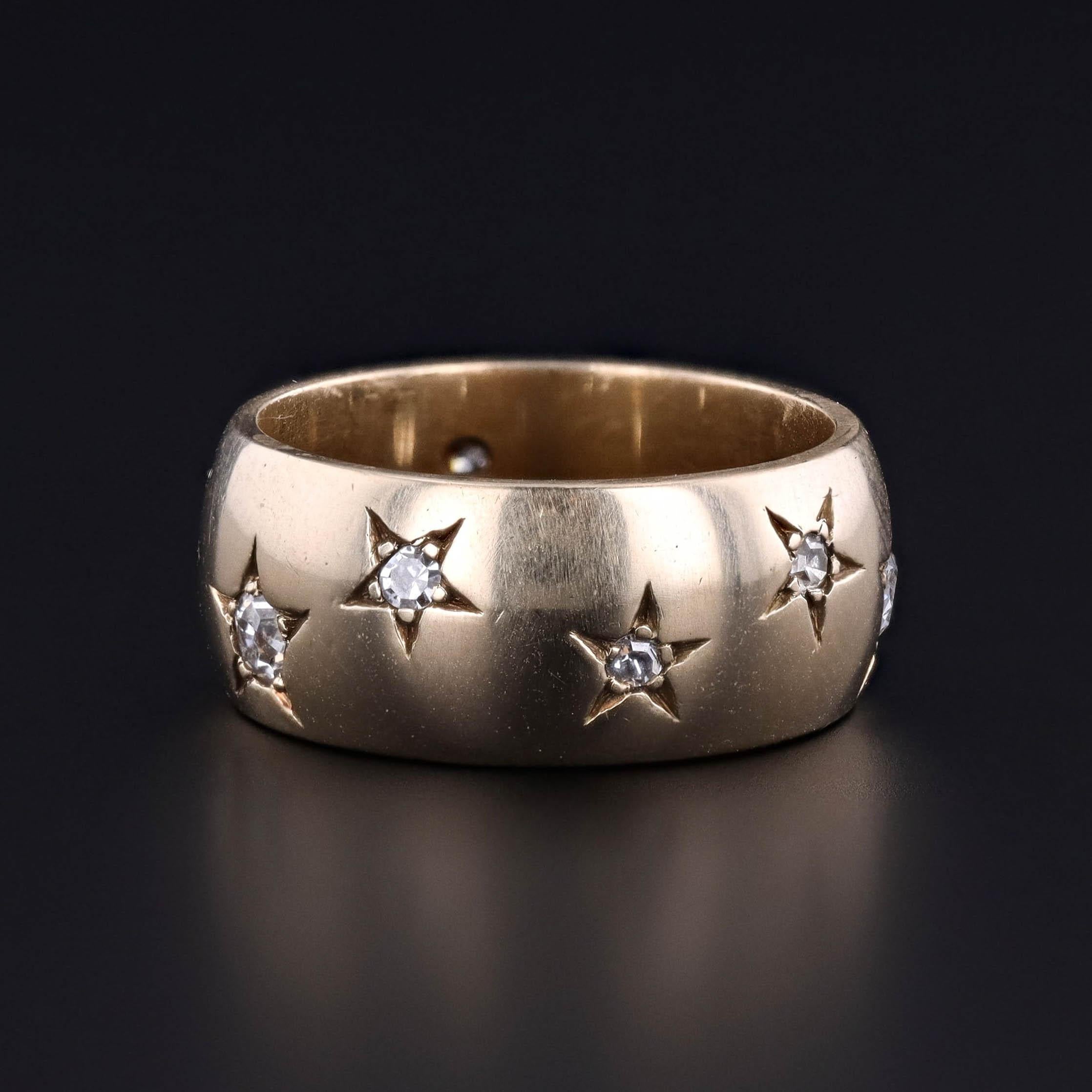 Taglio vecchia miniera Anello antico a fascia larga con stella di diamanti in oro 14k in vendita