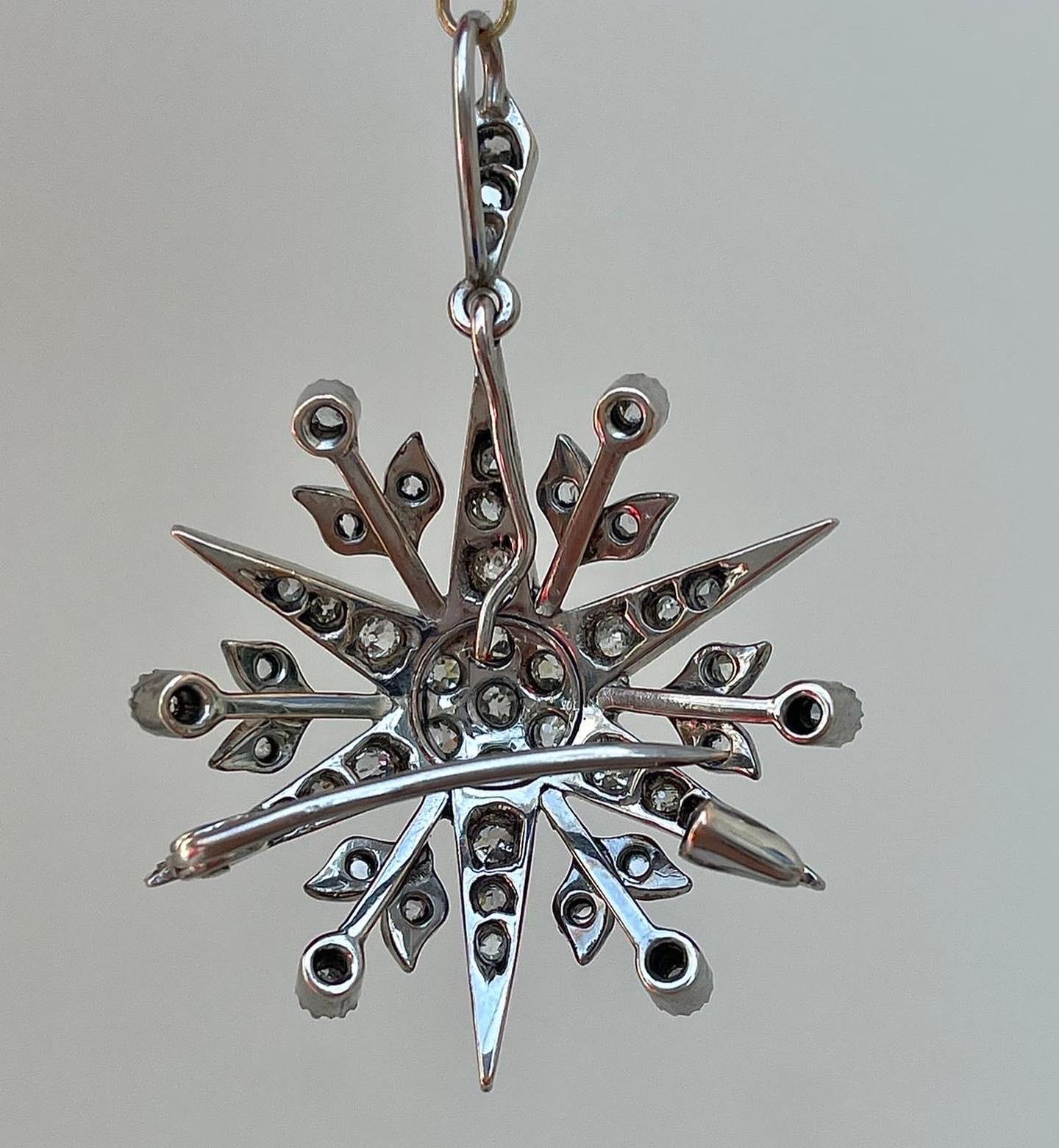 Antique Diamond Starburst Pendant Brooch In Good Condition In Chipping Campden, GB
