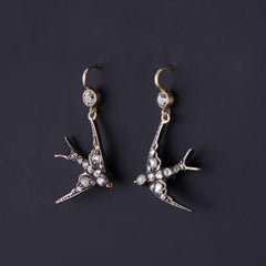 Antique Diamond Swallow Earrings of 14k Gold and Silver
