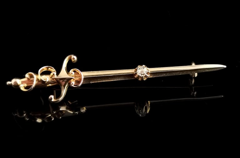 Old Mine Cut Antique Diamond Sword Brooch, 9k Yellow Gold, Edwardian For Sale