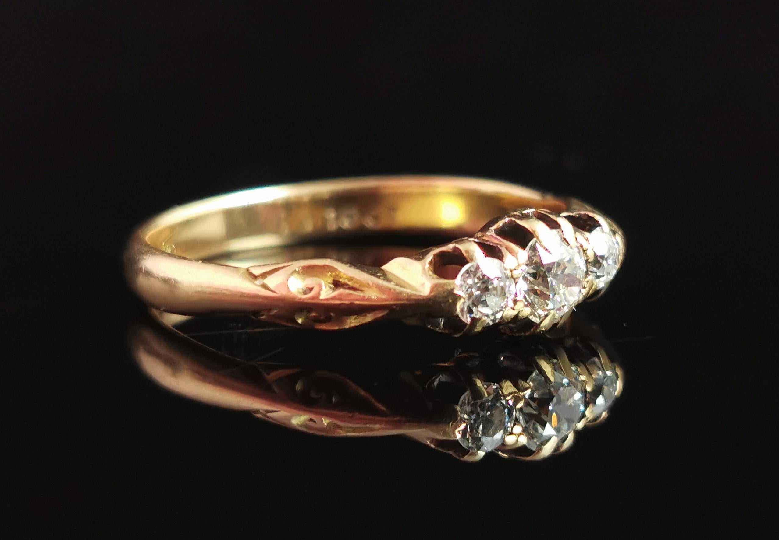 Old European Cut Antique Diamond Three Stone Ring, 18k Yellow Gold