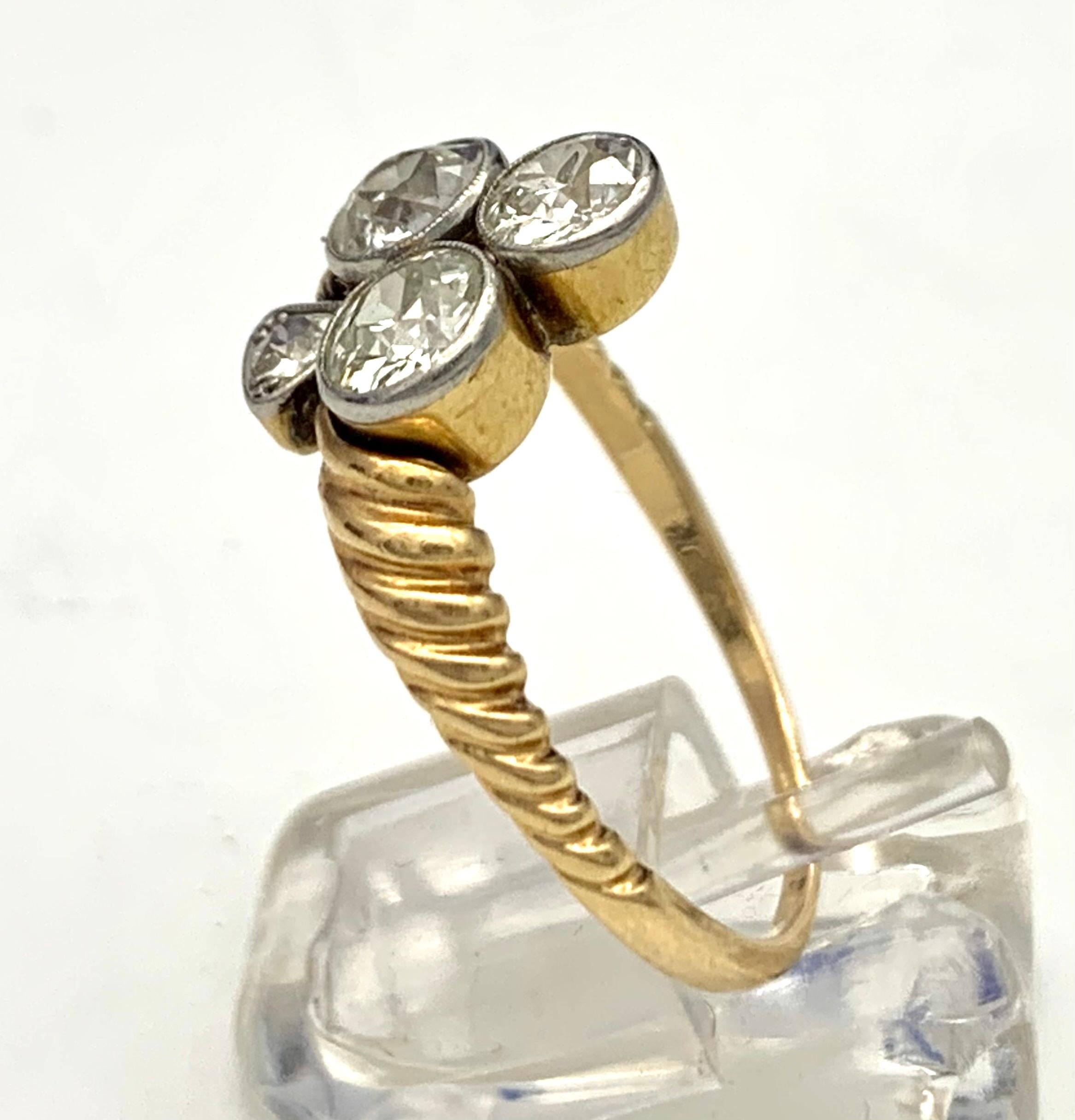 Round Cut Antique Diamond Trefoil Platinum 14K Gold Ring For Sale