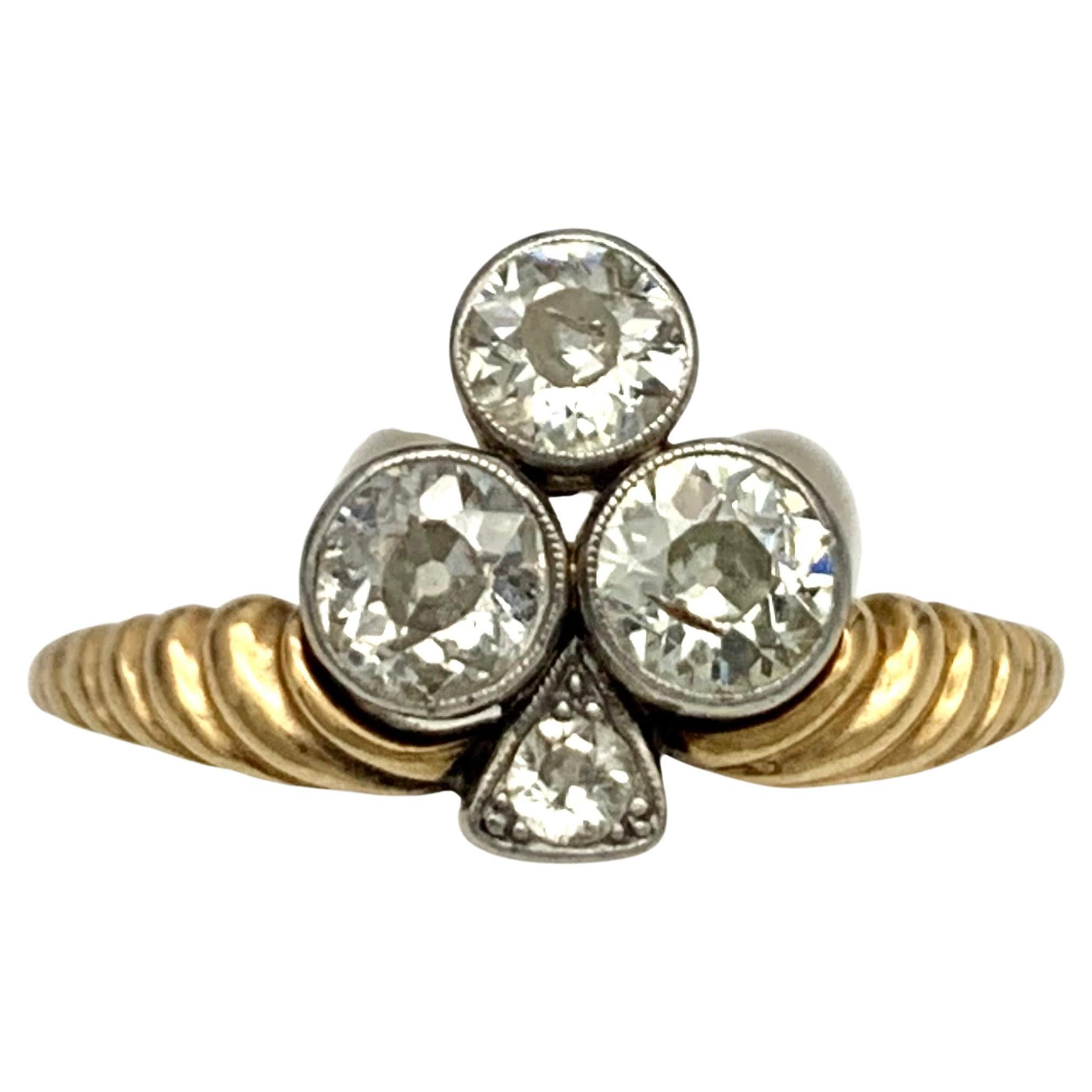 Antique Diamond Trefoil Platinum 14K Gold Ring For Sale