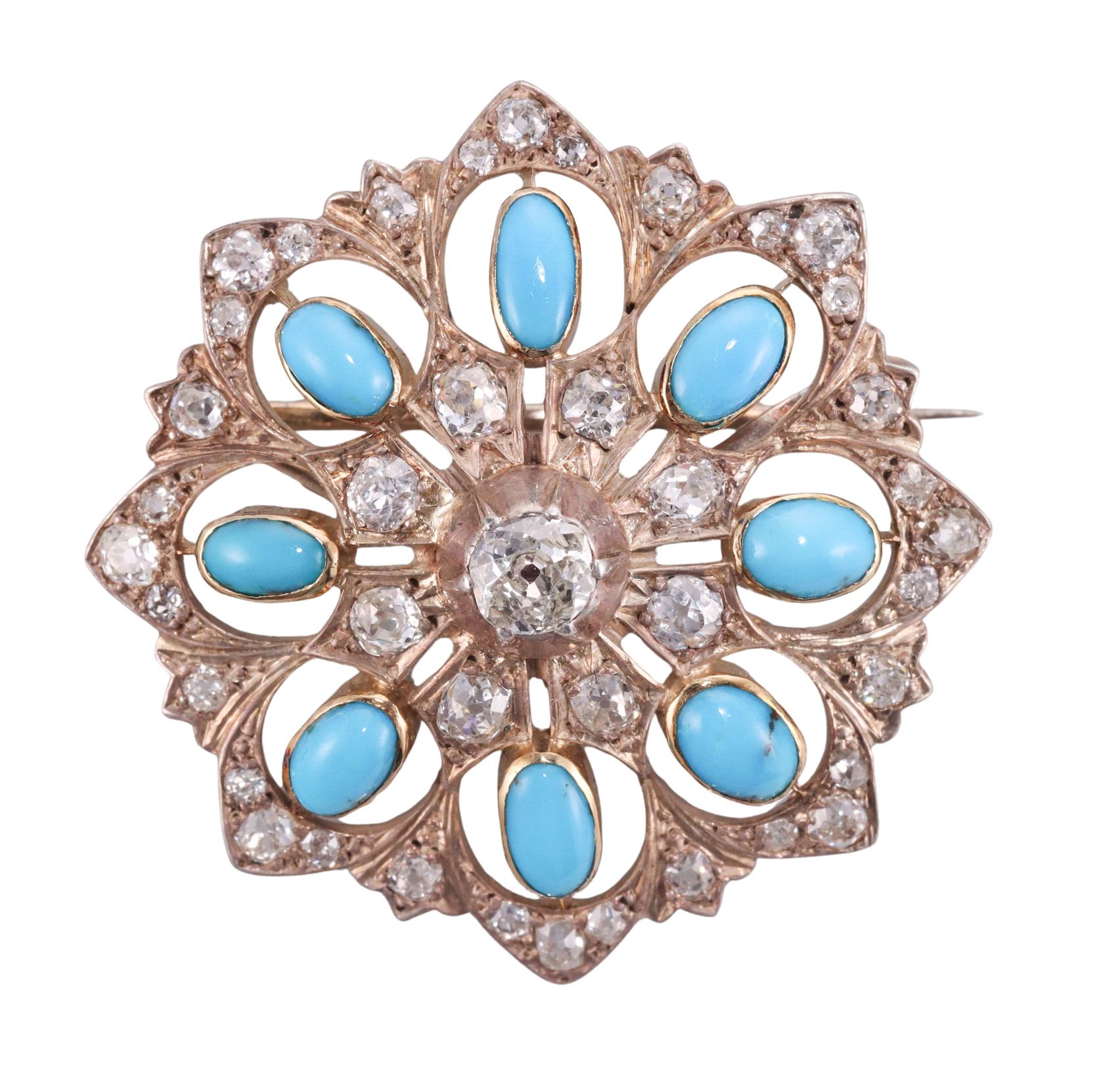 Antique 14k gold brooch, set with old mine cut diamonds - approx. 3.00ctw and turquoise. Center old mine stone is approx. VS2-I stone. Brooch measures 43mm x  43mm. Tested 14k, not marked. Weighs 18.2 grams. 
