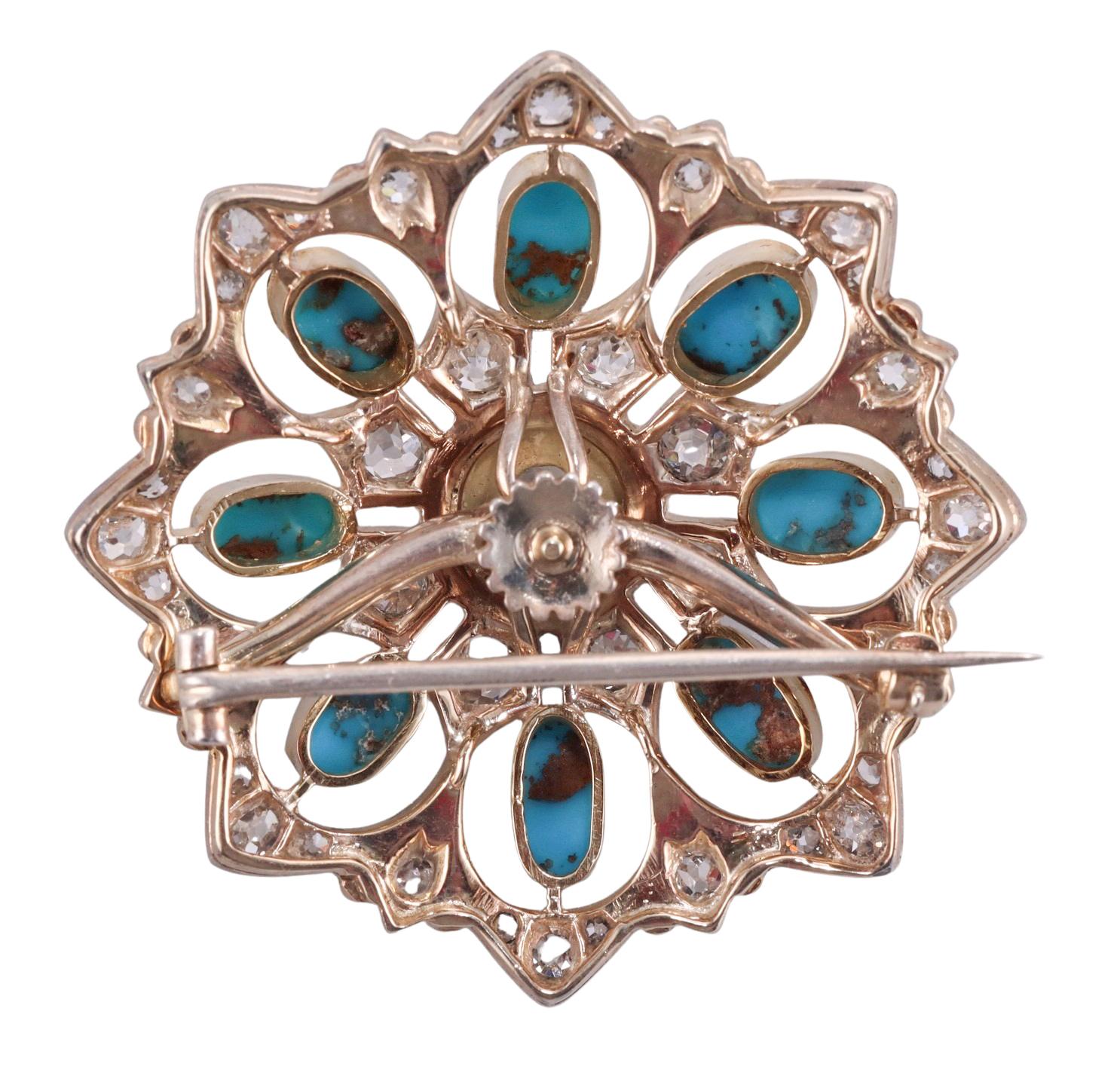 Old Mine Cut Antique Diamond Turquoise Gold Brooch Pin For Sale