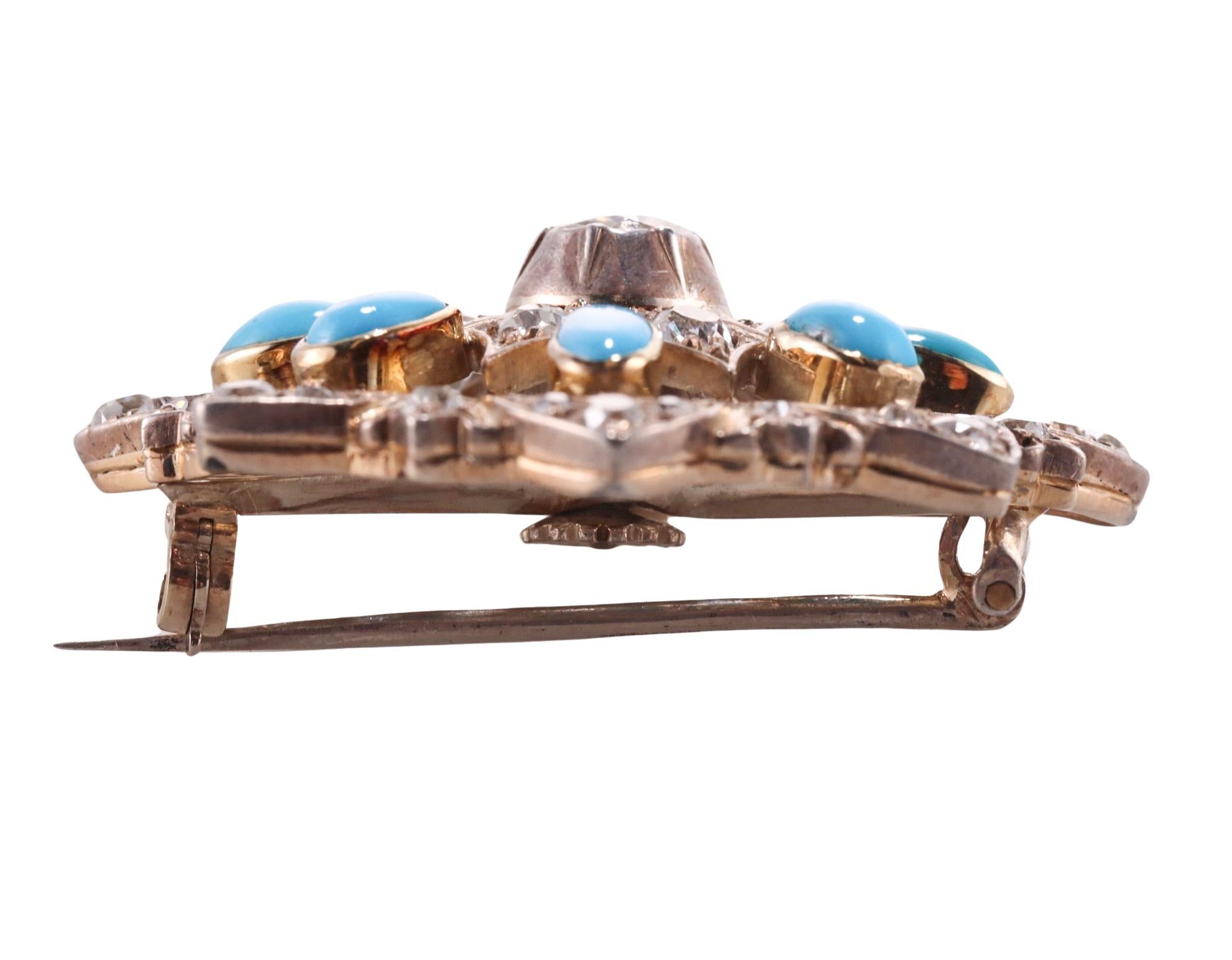 Antique Diamond Turquoise Gold Brooch Pin In Excellent Condition For Sale In New York, NY