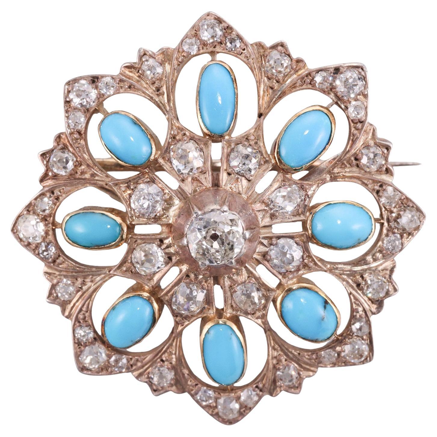 Antique Diamond Turquoise Gold Brooch Pin For Sale