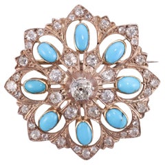 Antique Diamond Turquoise Gold Brooch Pin