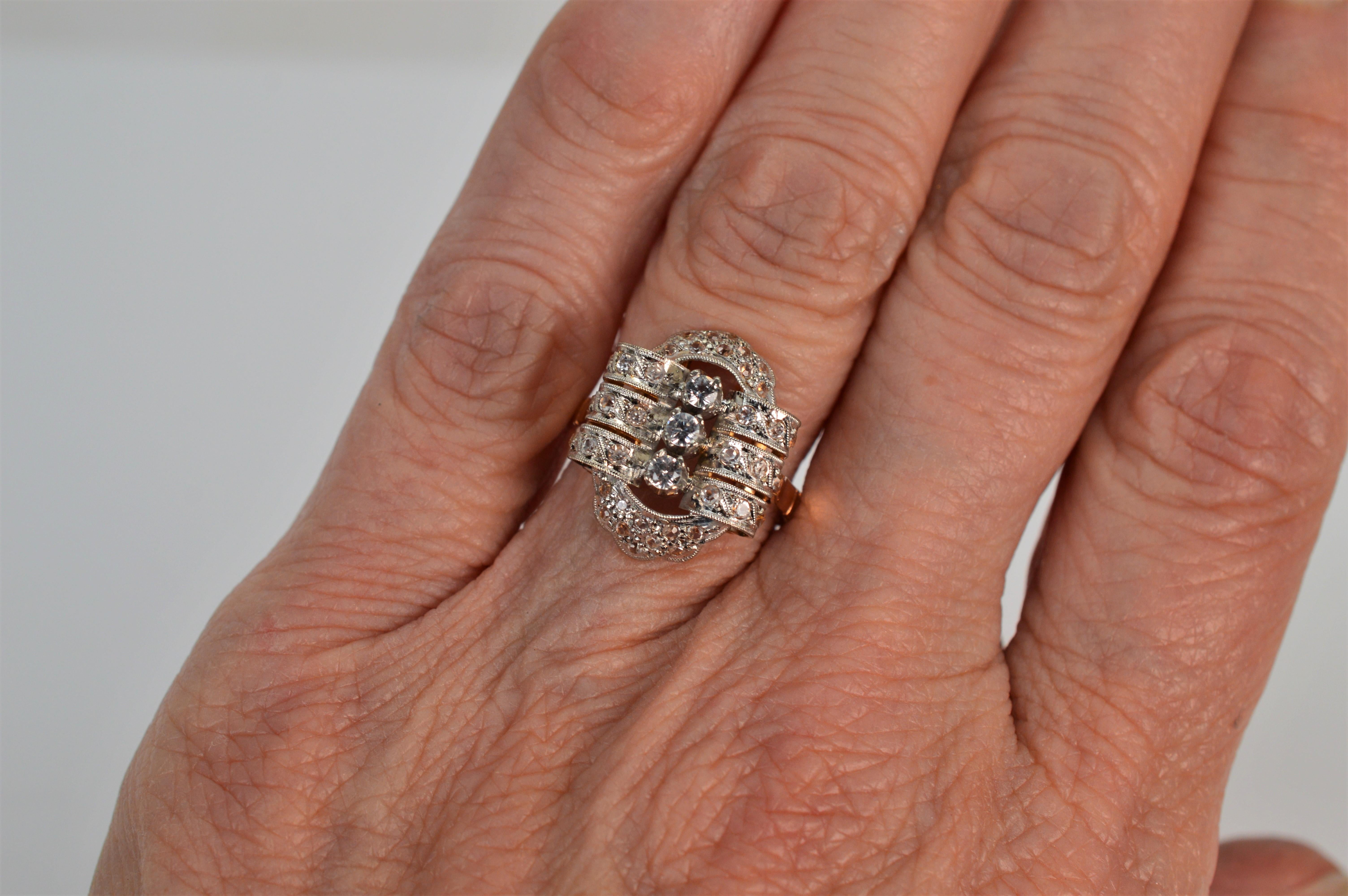 Antique Diamond White and Yellow Gold Ladies Ring In Excellent Condition For Sale In Mount Kisco, NY