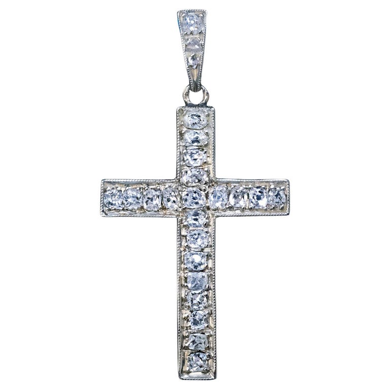 Antique Diamond White Gold Cross Pendant For Sale at 1stDibs
