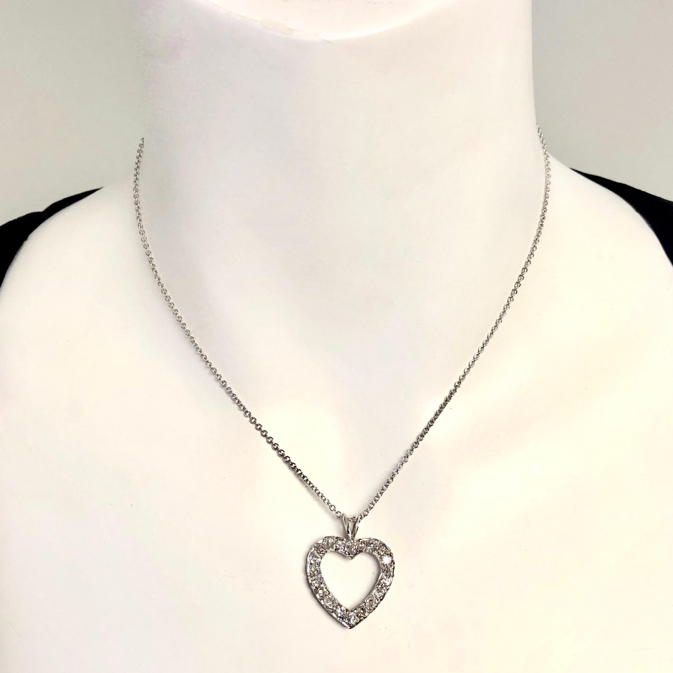 Antique Diamond White Gold Heart Pendant Necklace In Good Condition In Agoura Hills, CA