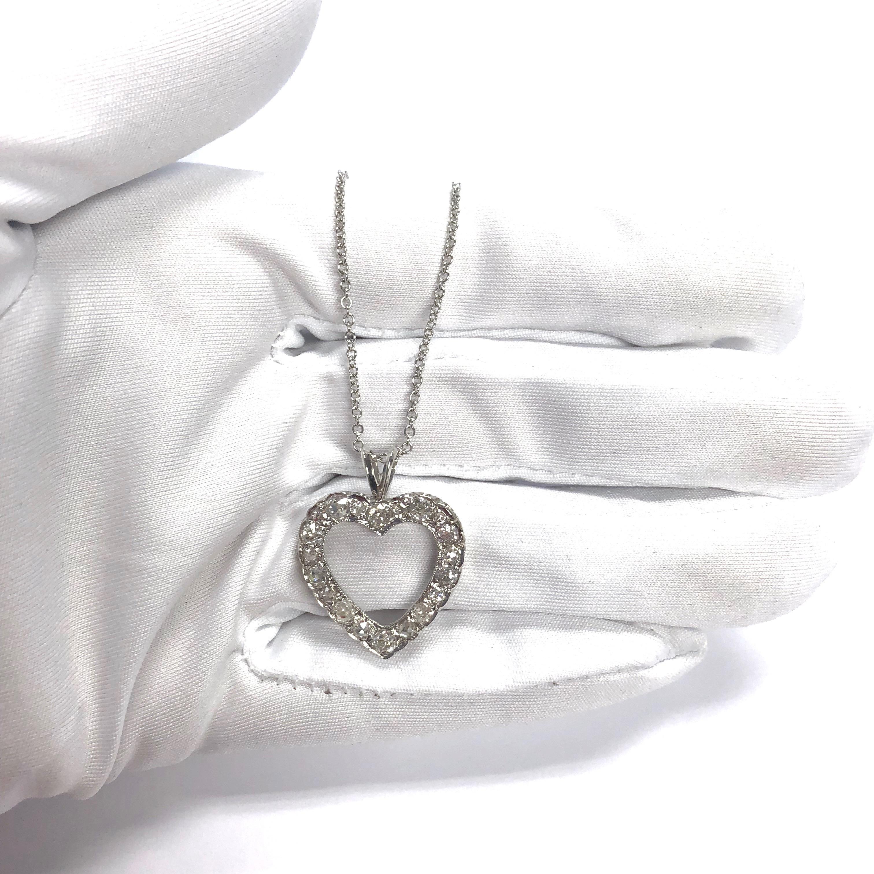 Women's or Men's Antique Diamond White Gold Heart Pendant Necklace