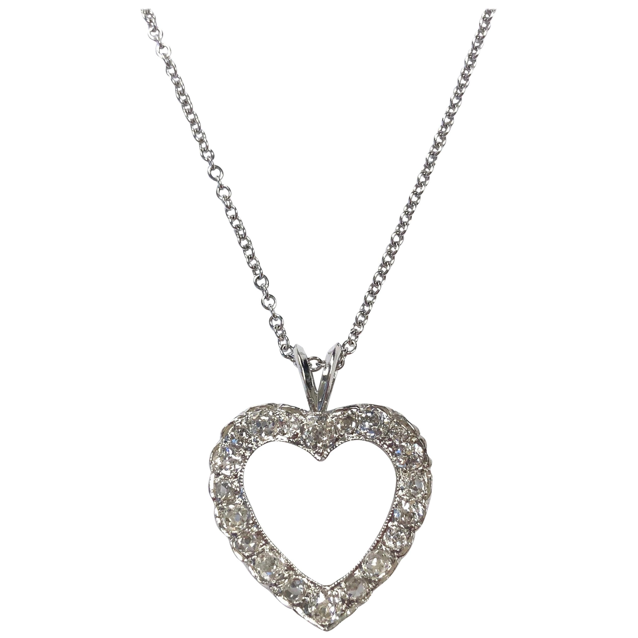 Antique Diamond White Gold Heart Pendant Necklace
