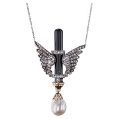 Antique Diamond Wing, Onyx and Pearl Necklace of 14k White Gold