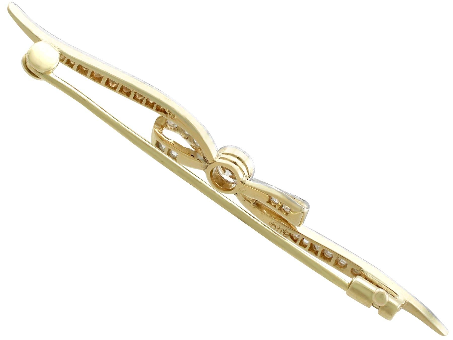 Women's or Men's Antique Diamond Yellow Gold and White Gold Set Bow Bar Brooch For Sale