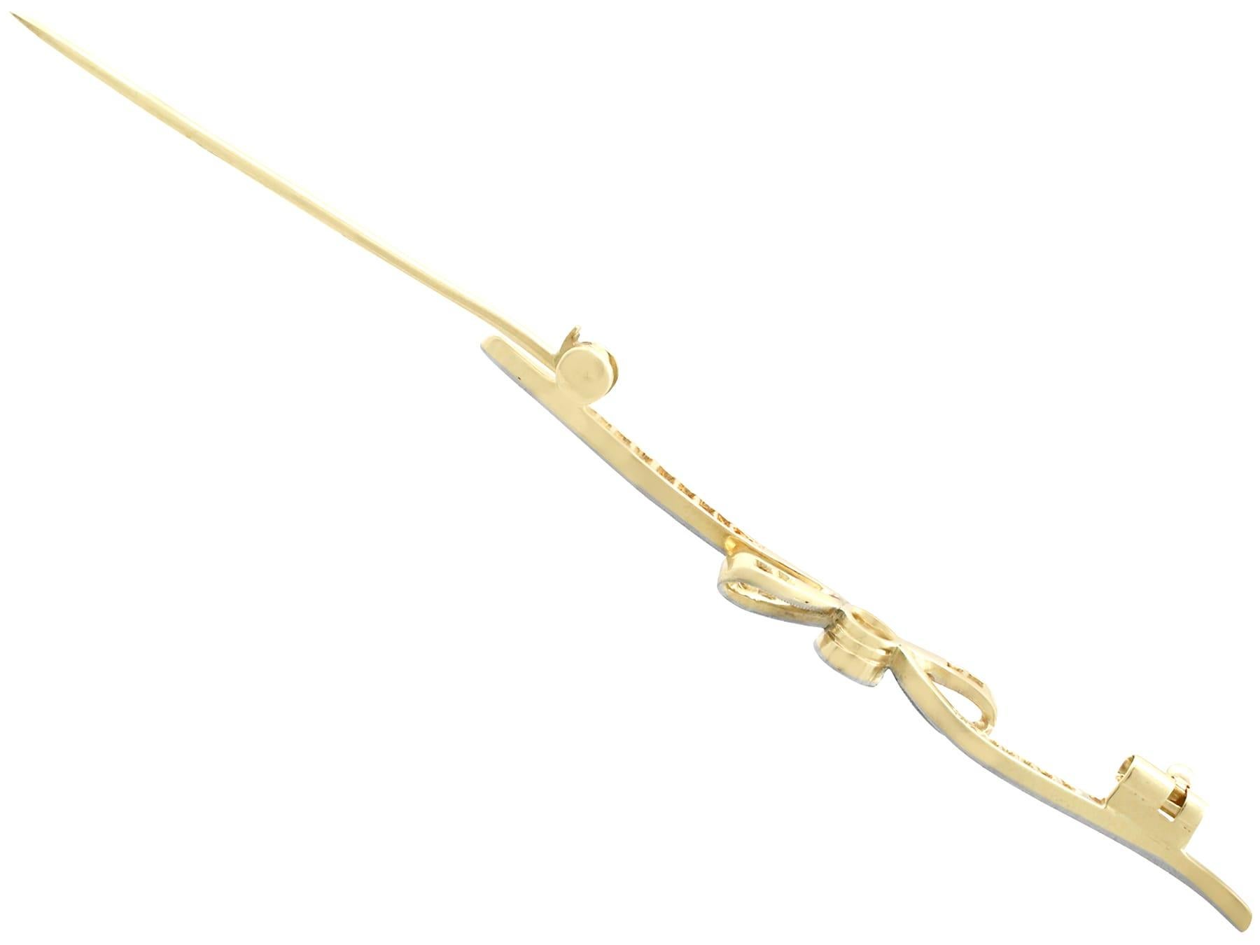 Antique Diamond Yellow Gold and White Gold Set Bow Bar Brooch For Sale 1