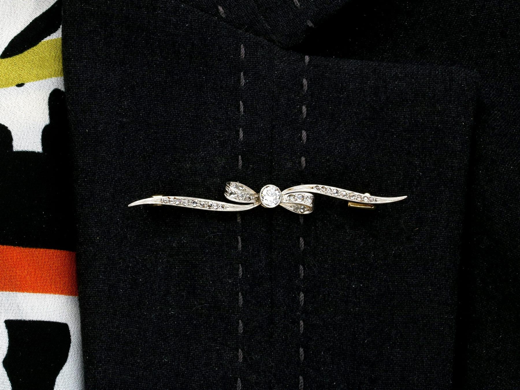 Antique Diamond Yellow Gold and White Gold Set Bow Bar Brooch For Sale 5