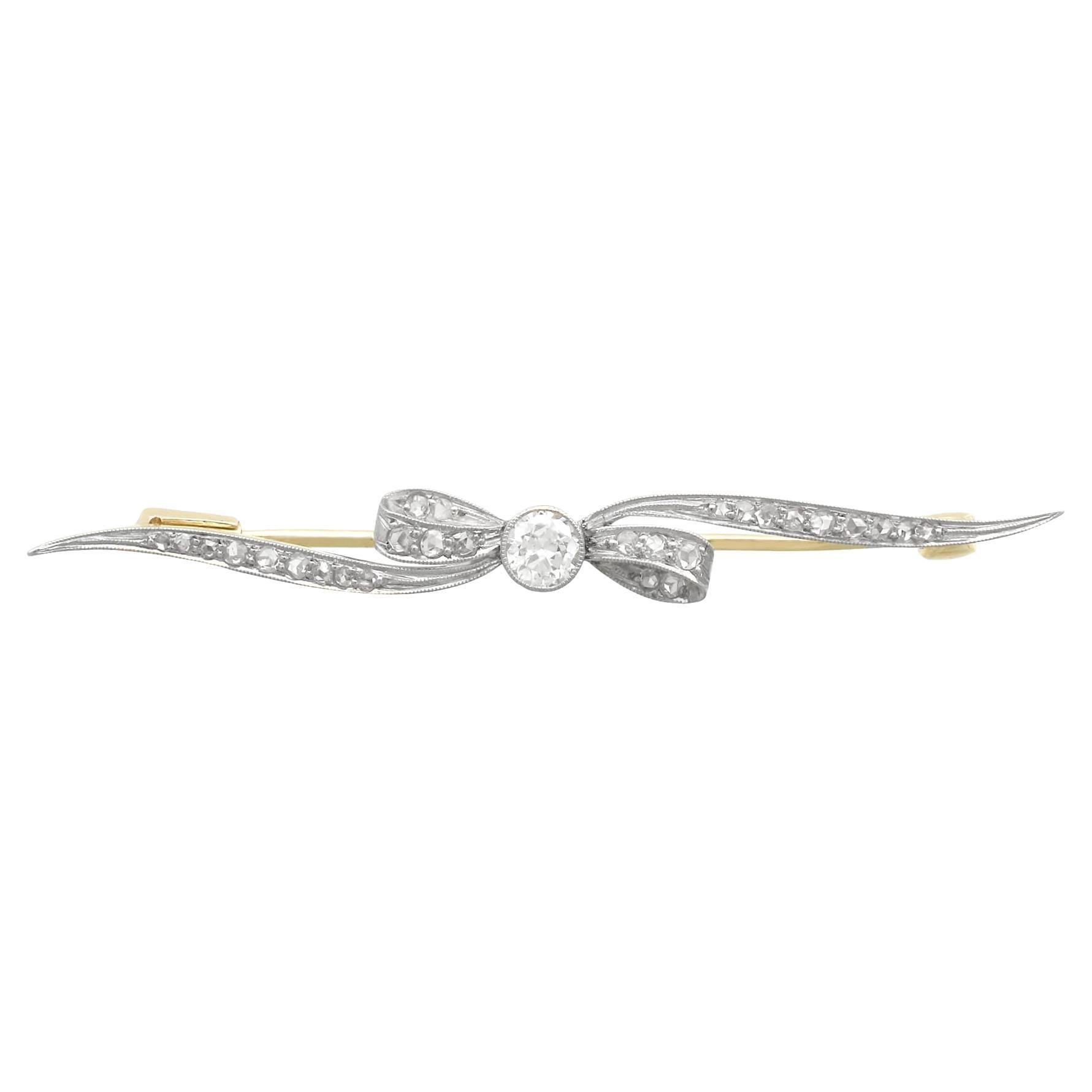 Antique Diamond Yellow Gold and White Gold Set Bow Bar Brooch For Sale