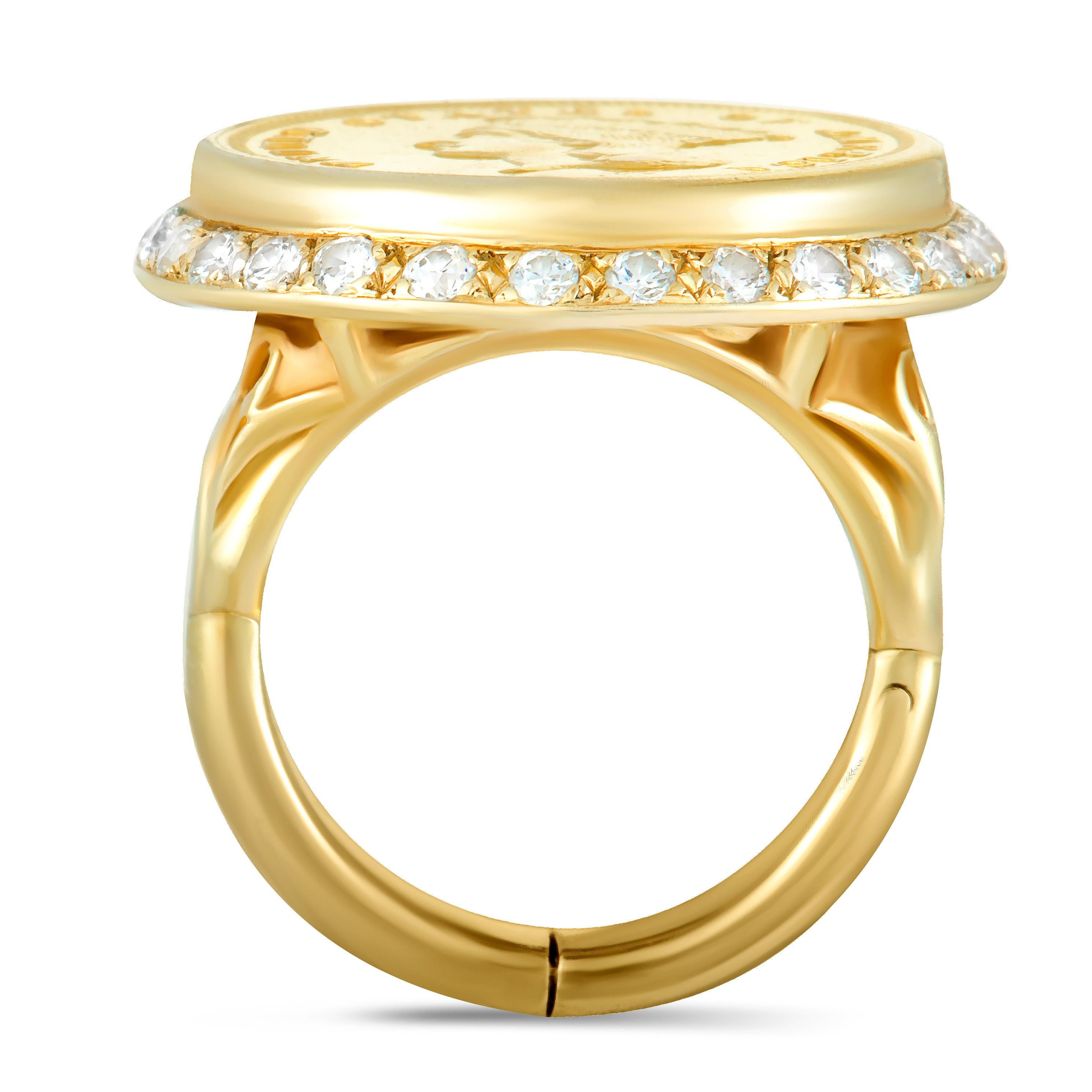 If you wish to embellish your look in a distinctly unconventional fashion then this antique jewelry piece is an excellent choice. Combining the alluring radiance of 18K and 22K yellow gold, the ring boasts a striking coin that is accentuated by a