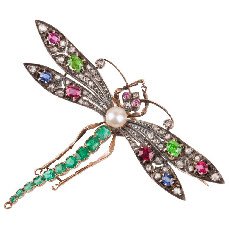 Antique Diamonds and Precious Stones French Dragonfly Brooch For Sale