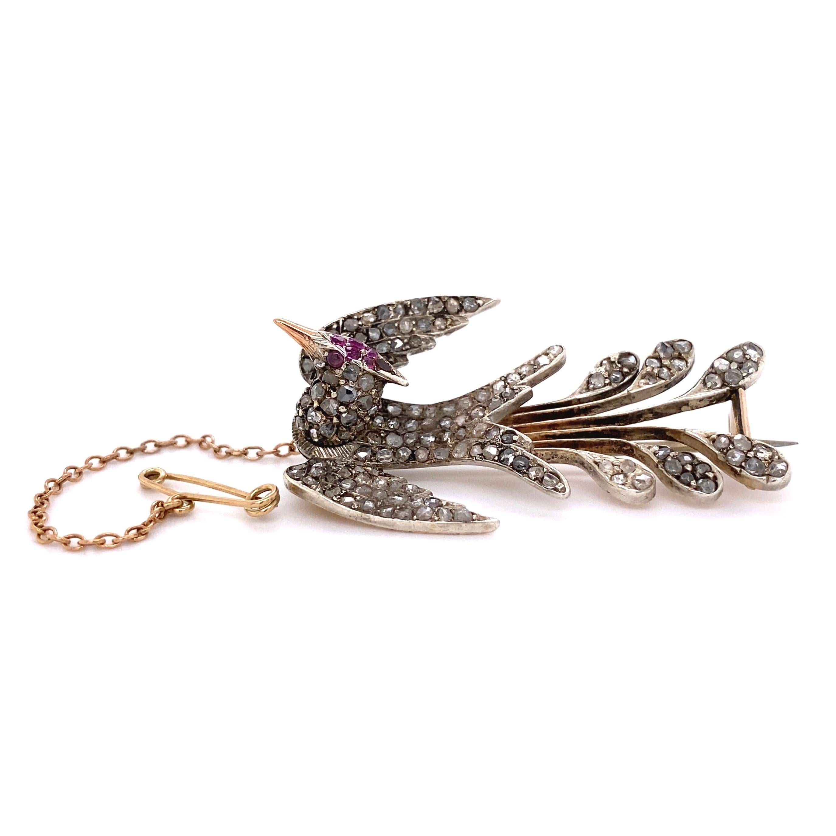 Victorian Antique Diamonds and Rubies Bird Gold Brooch Pin Estate Fine Jewelry