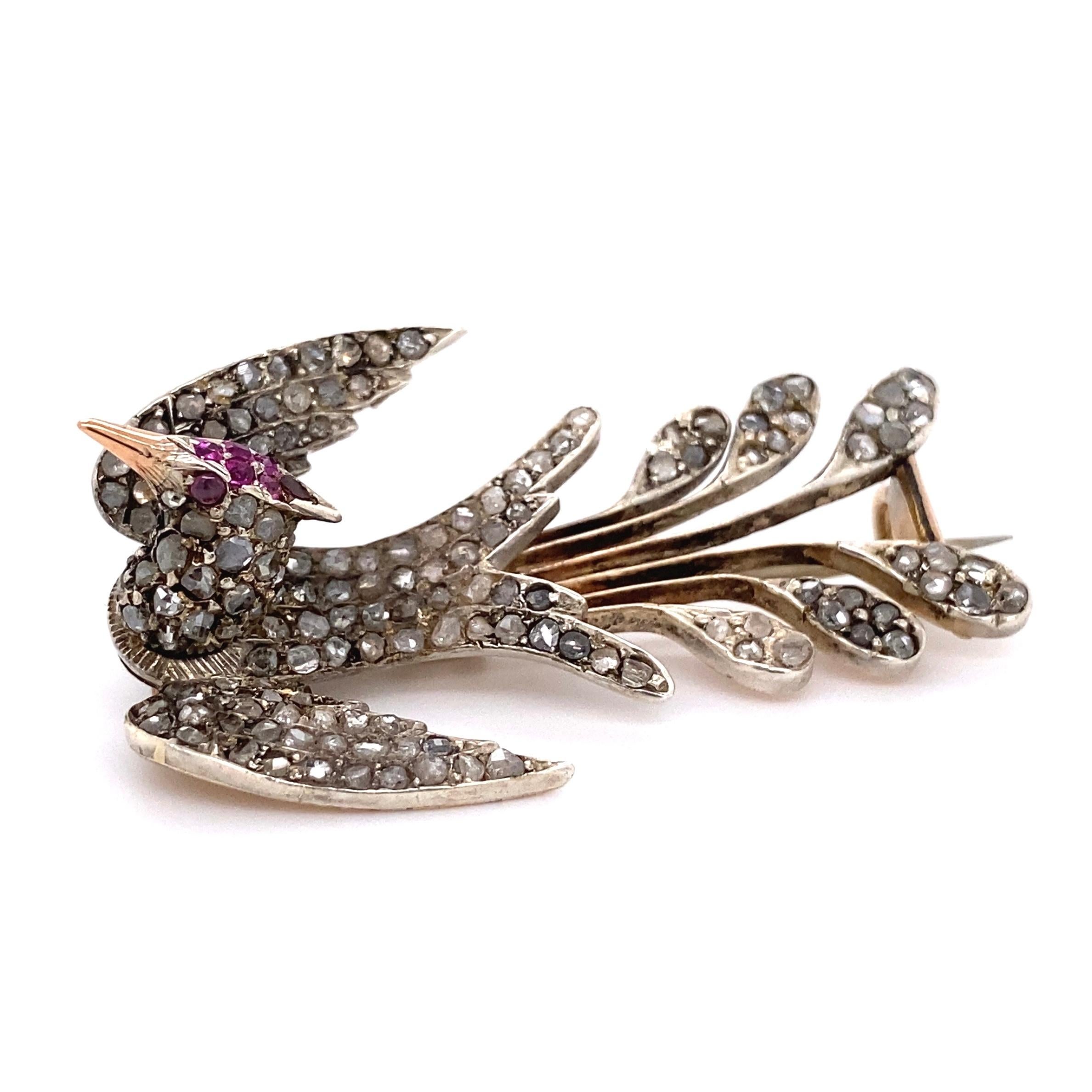 Antique Diamonds and Rubies Bird Gold Brooch Pin Estate Fine Jewelry 1