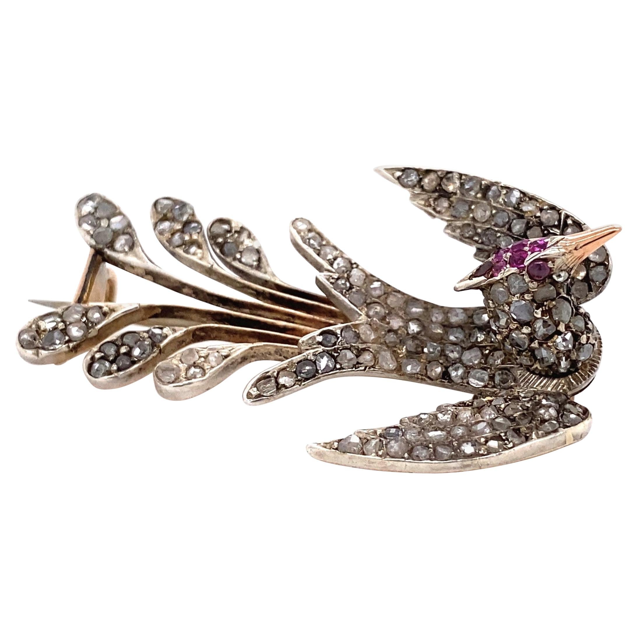 Antique Diamonds and Rubies Bird Gold Brooch Pin Estate Fine Jewelry