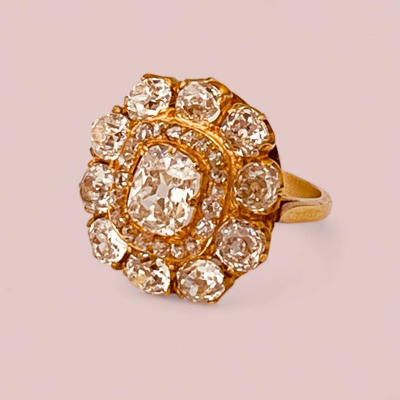 Antique Cushion Cut Antique Diamonds Cluster Ring With Central Old-Cut Cushion Weighing 1.35cts For Sale