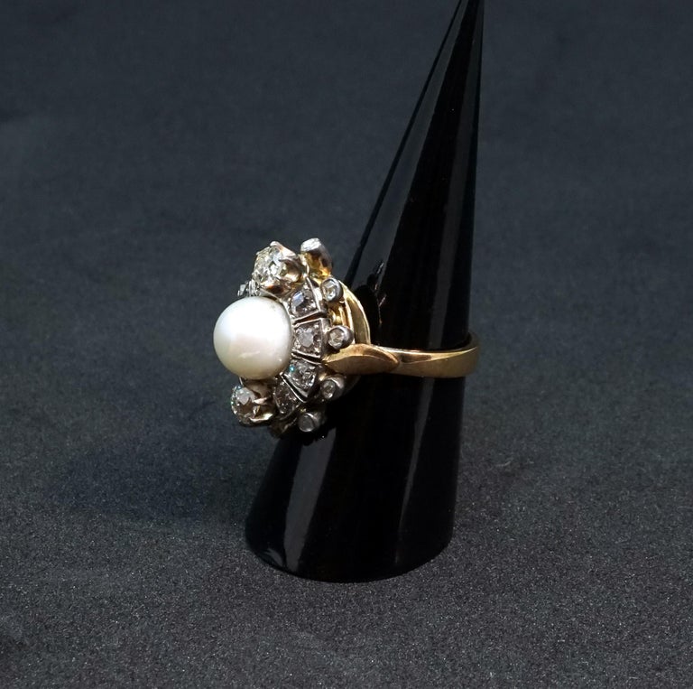 Antique Diamonds & Pearl Gold Flower-Shaped Ring, Austria, around 1900 In Good Condition For Sale In Vienna, AT