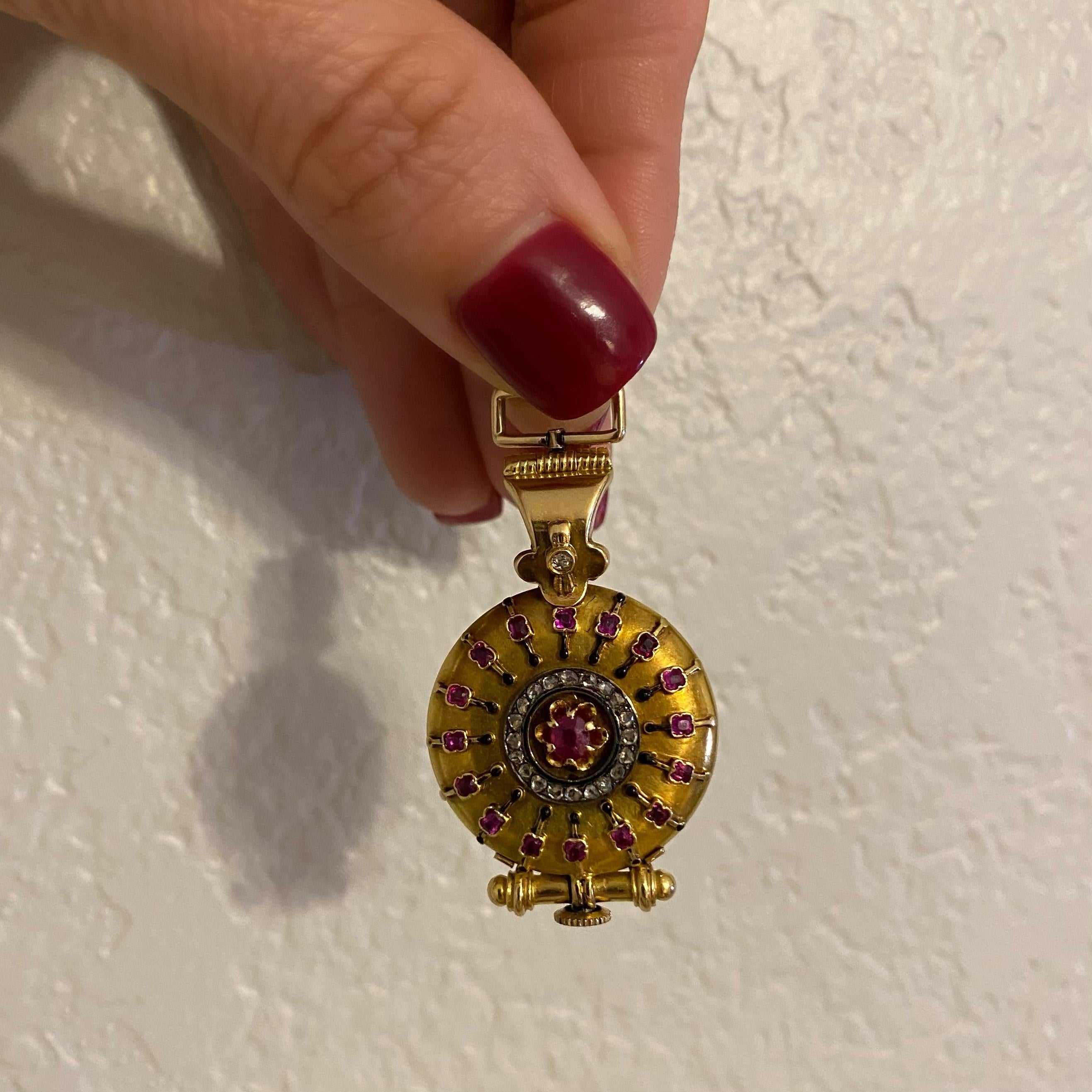Beautiful Mid-Century Diamonds Rubies and Enamel Gold Watch Fob Pendant set with with 24 old European cut Diamonds. Hand crafted in 14K yellow Gold. Measuring 1.04