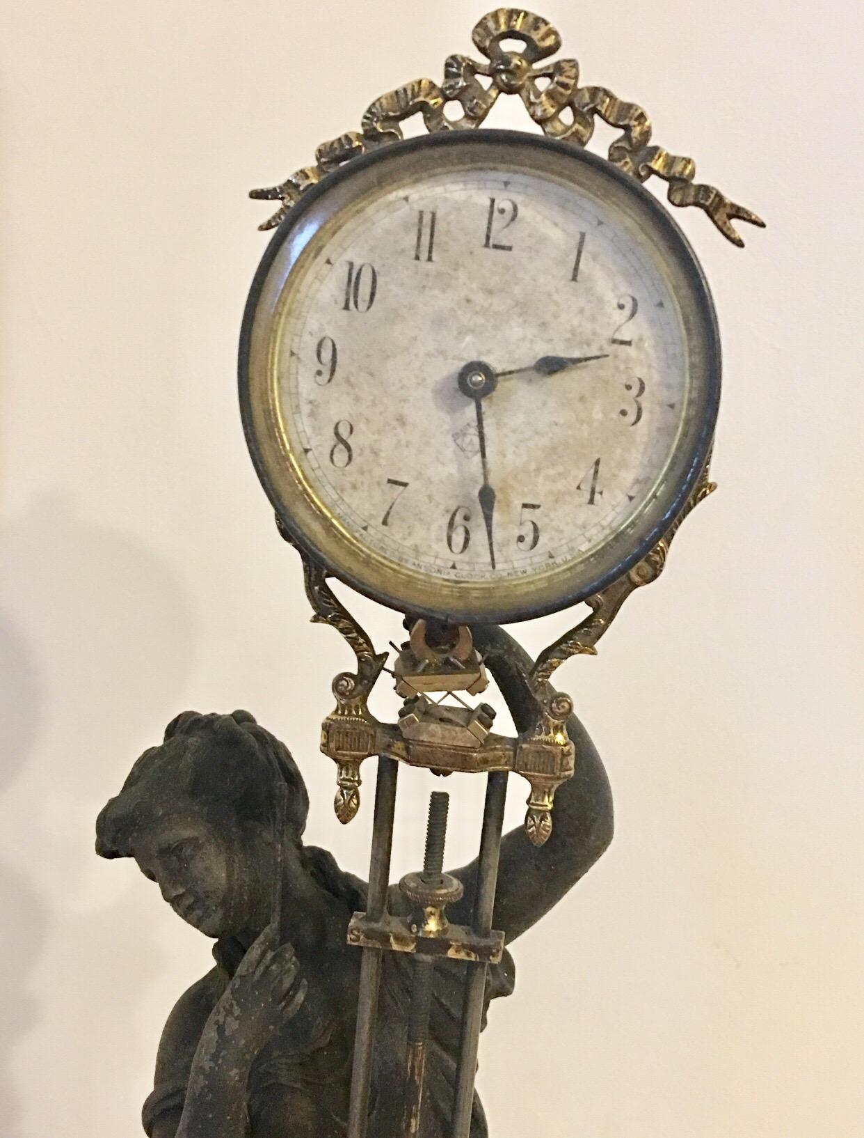 Spelter Antique Diana Swinging Clock Signed Ansonia Clock Company