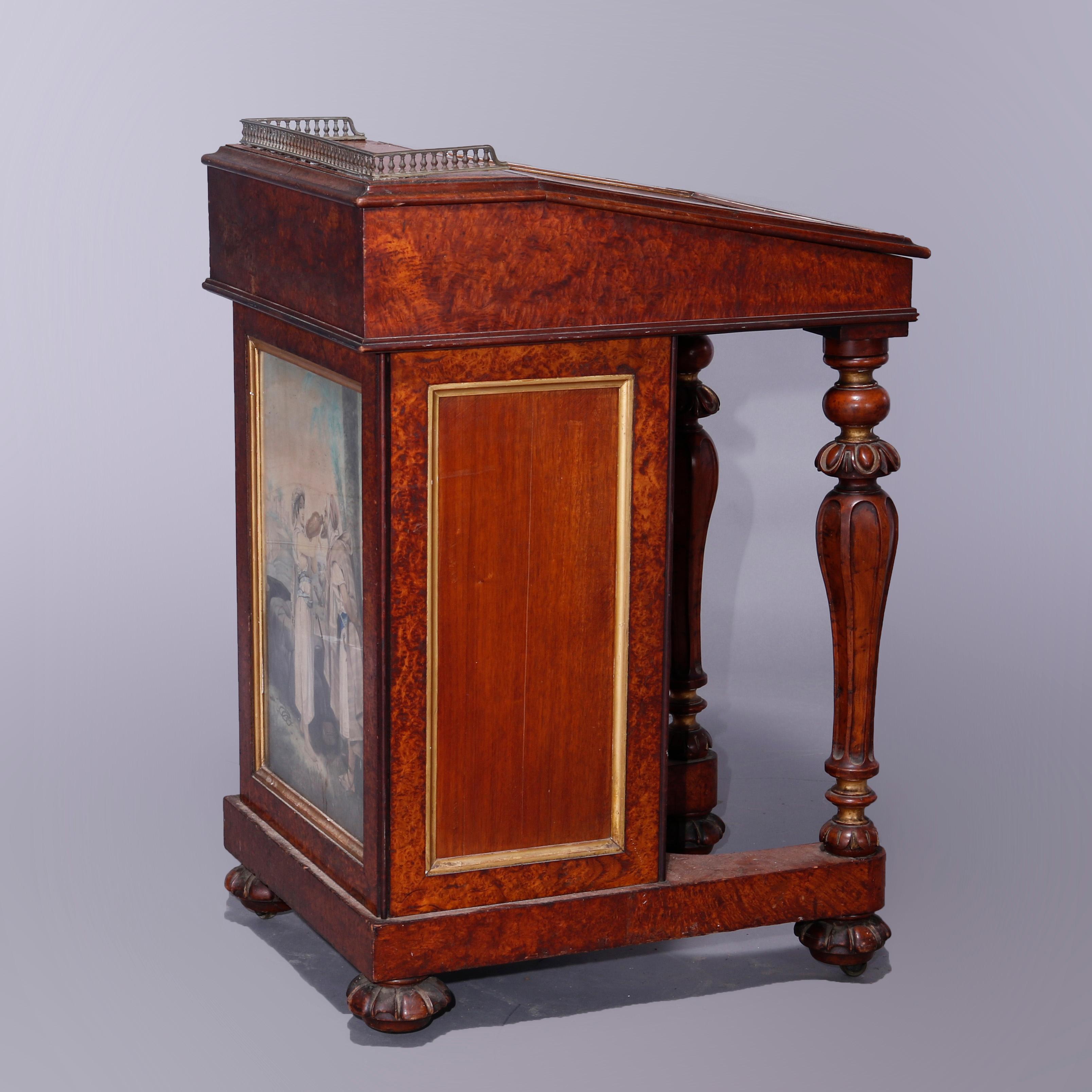 Antique Diminutive Burl & Mahogany Davenport Desk with Watercolor Panels, c1880 For Sale 4