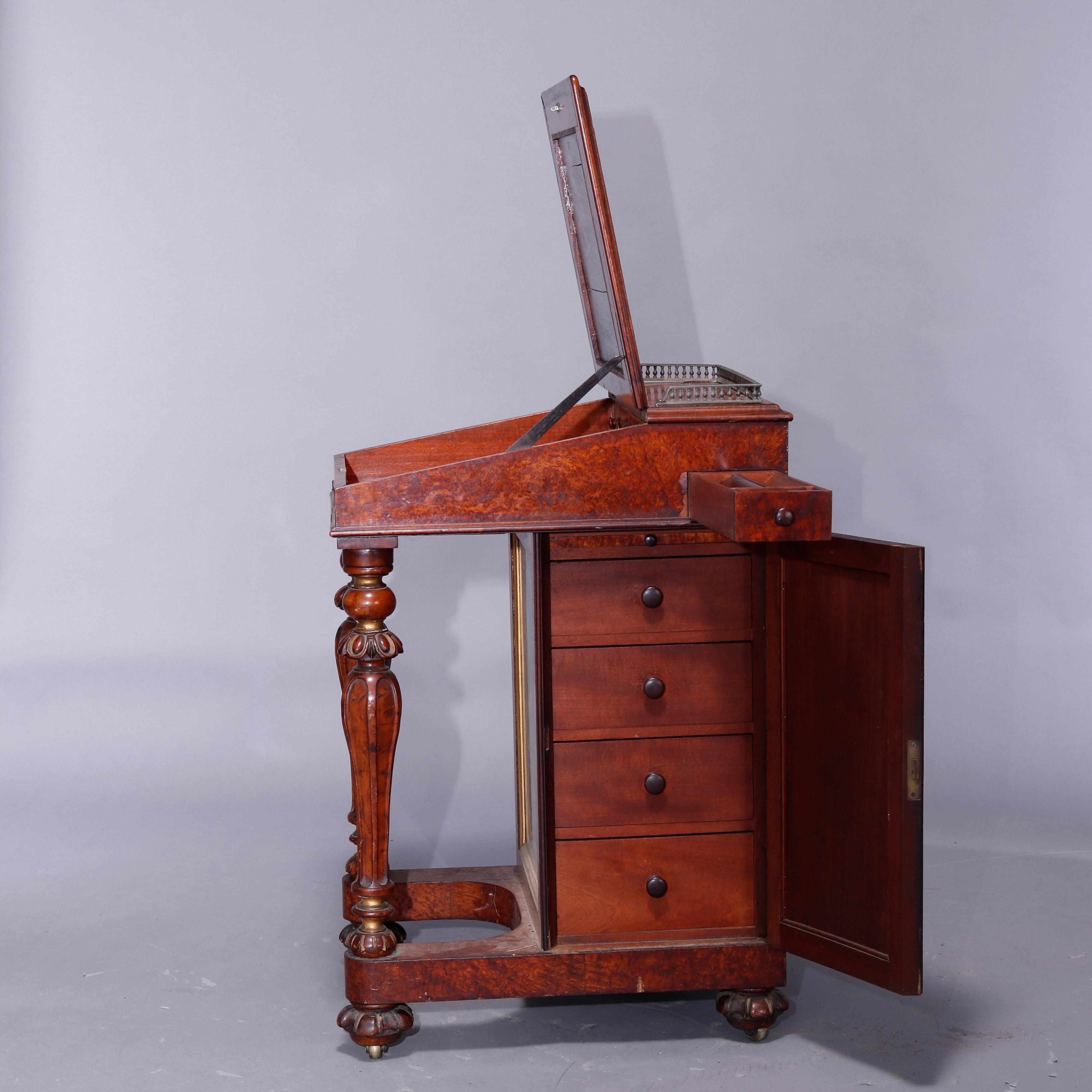 Antiker, kleiner Davenport-Schreibtisch aus Wurzelholz und Mahagoni mit Aquarelltafeln, um 1880 im Angebot 6