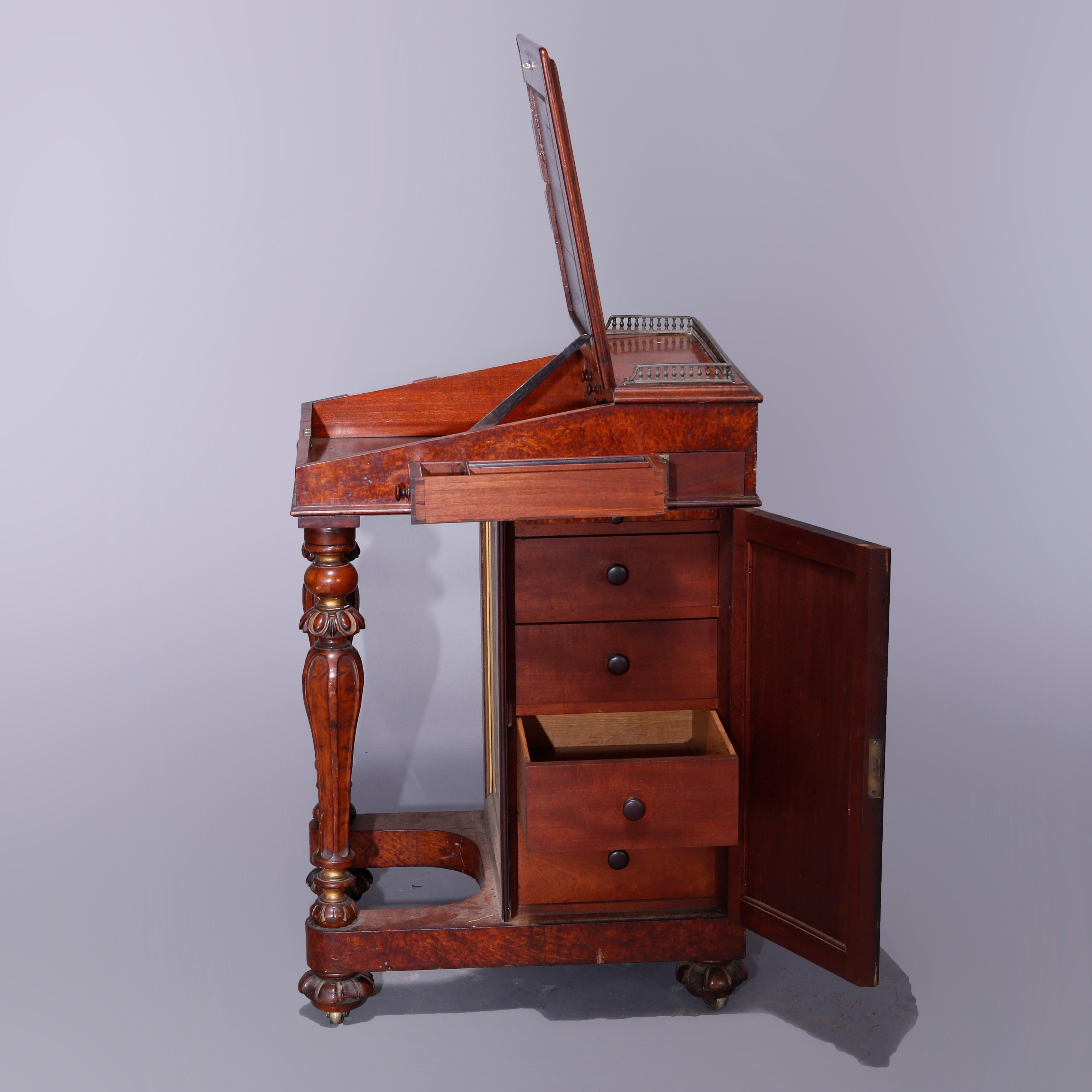 Antiker, kleiner Davenport-Schreibtisch aus Wurzelholz und Mahagoni mit Aquarelltafeln, um 1880 im Angebot 7