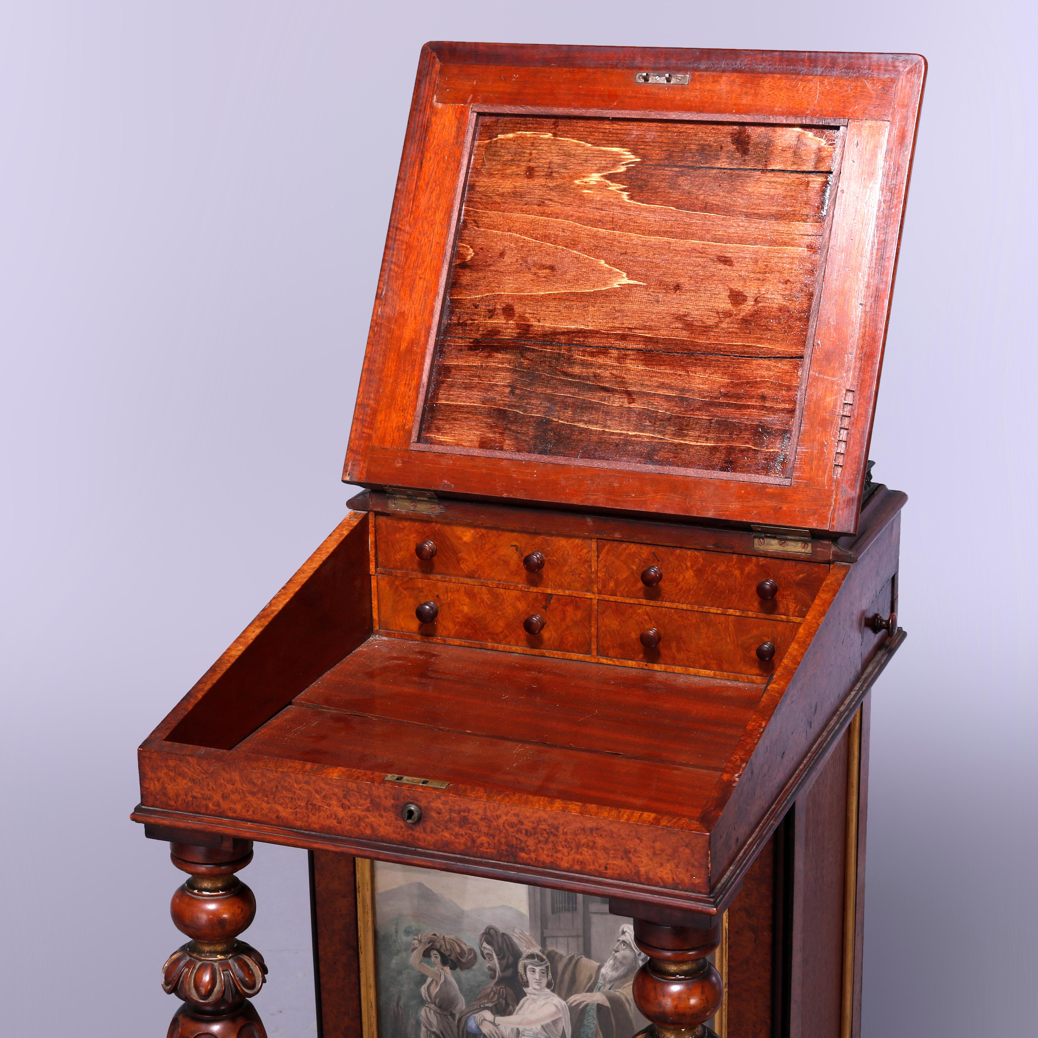Antiker, kleiner Davenport-Schreibtisch aus Wurzelholz und Mahagoni mit Aquarelltafeln, um 1880 (19. Jahrhundert) im Angebot